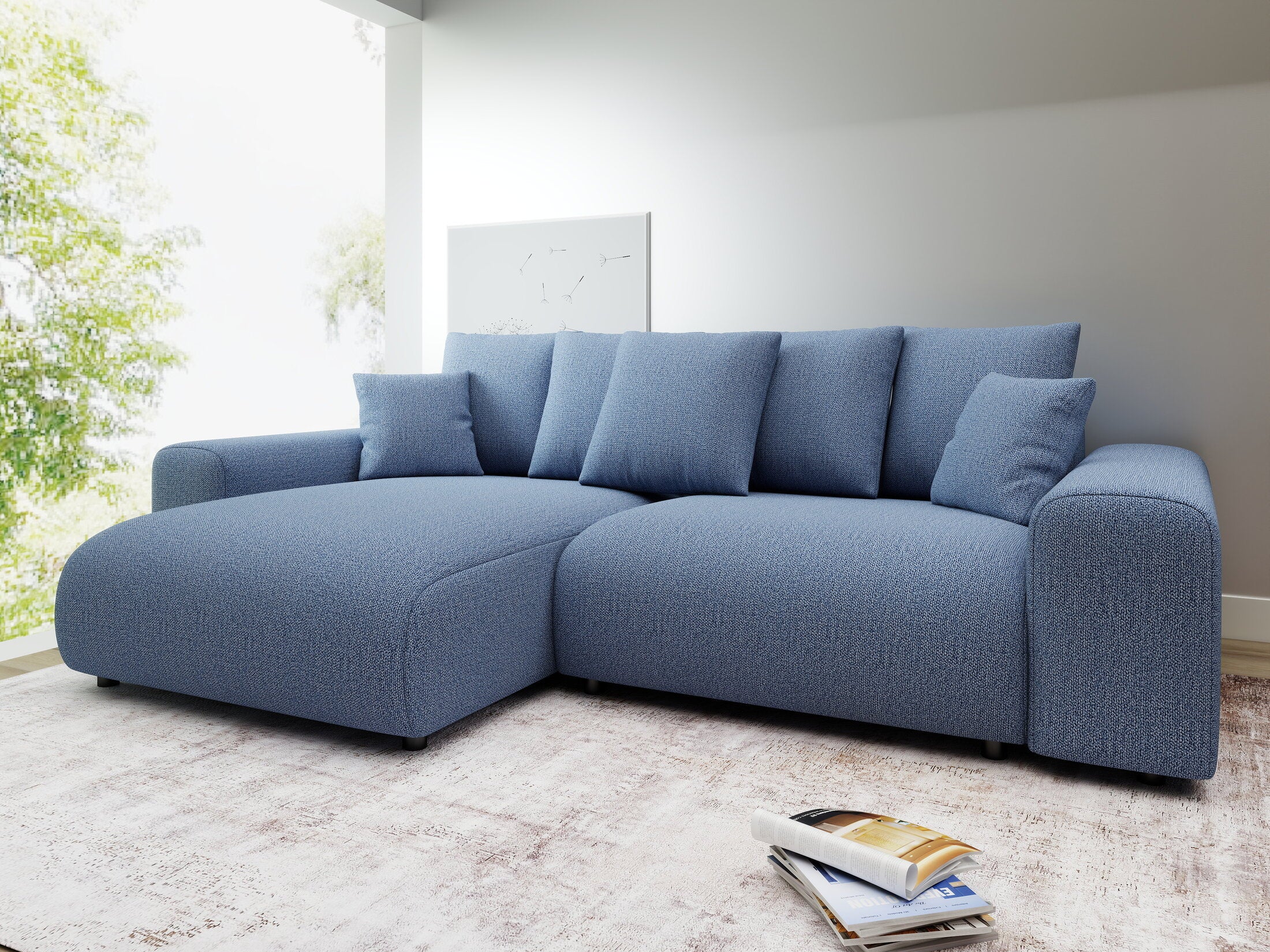 Colțar extensibil dumonde cu ladă de depozitare și șezut confortabil din spumă HR, Luma Enjoy Albastru 255x168 cm