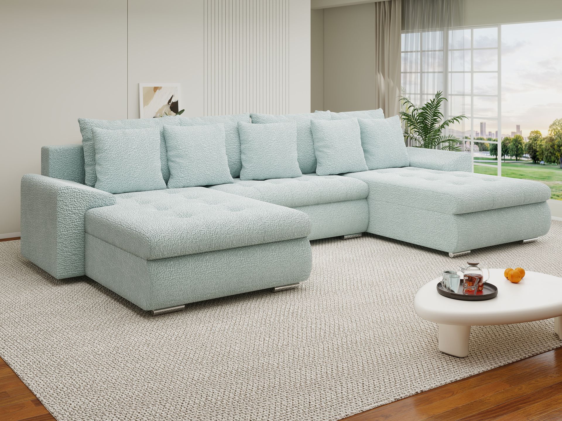 Colțar extensibil dumonde cu ladă de depozitare si sezut confortabil din spuma high-density, Leonardo U Jaguar Verde Mint 16 360x185 cm