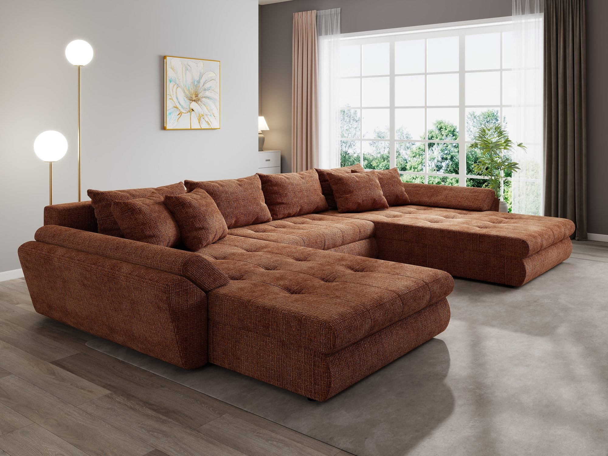 Colțar extensibil dumonde cu ladă de depozitare si sezut confortabil din spuma high-density, Loana U Cremona Teracota 52 355x185 cm