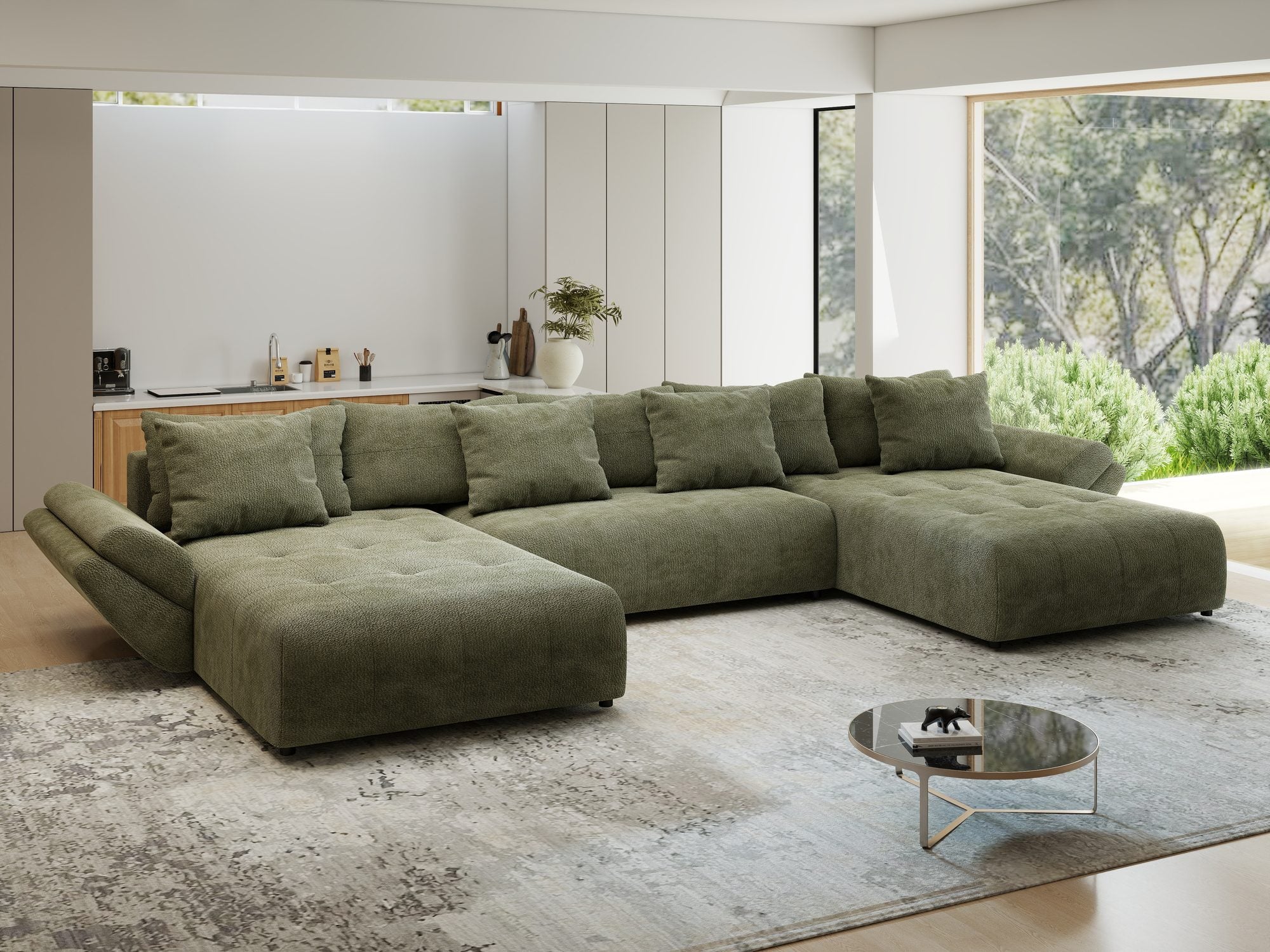 Colțar extensibil dumonde cu ladă de depozitare si sezut confortabil din spuma high-density, Berlin U Vibe Olive 38 380x180 cm