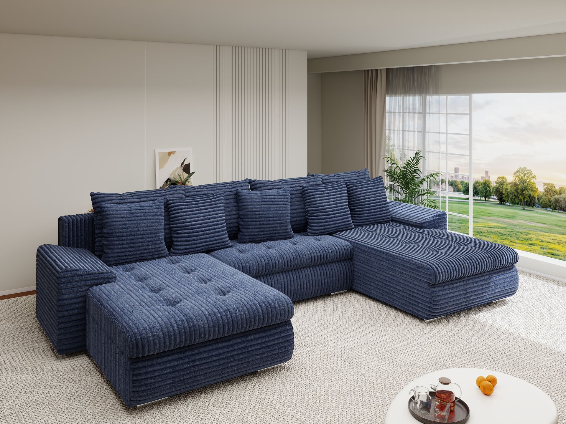Colțar extensibil dumonde cu ladă de depozitare si sezut confortabil din spuma high-density, Leonardo U Tilia Albastru 77 360x185 cm