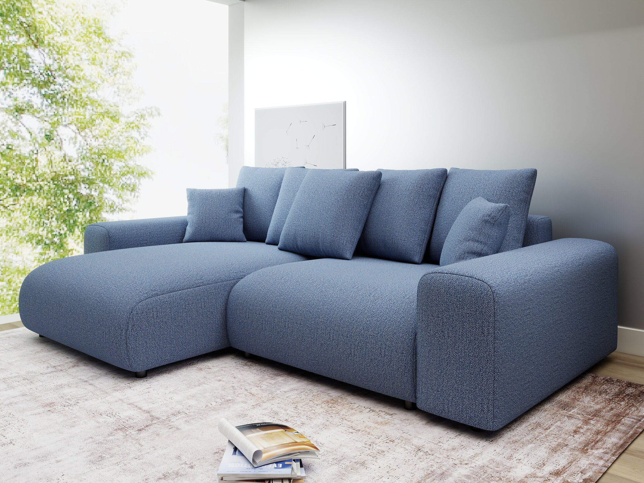 Colțar extensibil dumonde cu ladă de depozitare și șezut confortabil din spumă HR, Luma Enjoy Albastru 255x168 cm