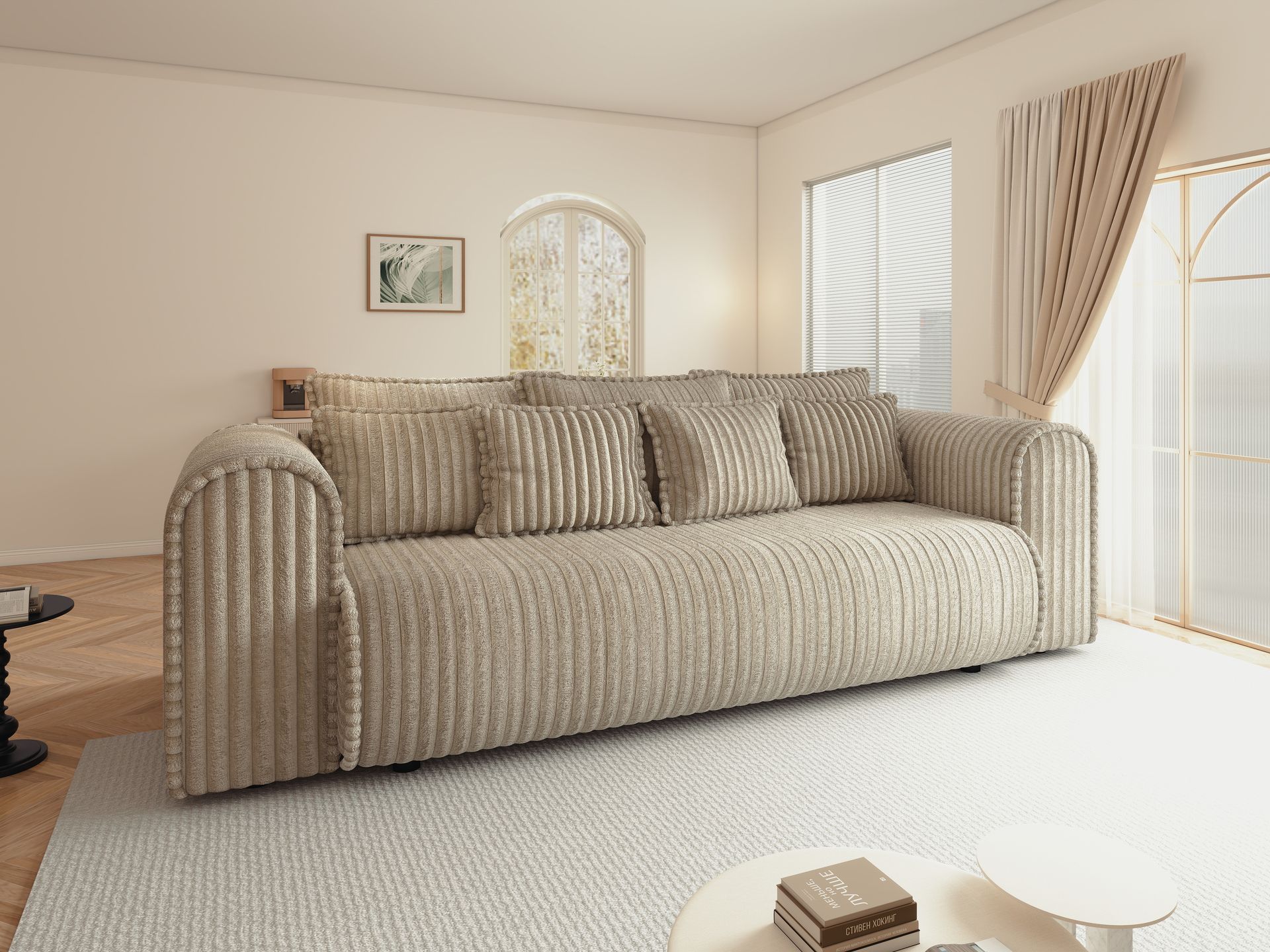 Canapea extensibilă dumonde cu ladă de depozitare si sezut confortabil din spuma high-density, Monaco Mica Tilia Bej 240x100 cm