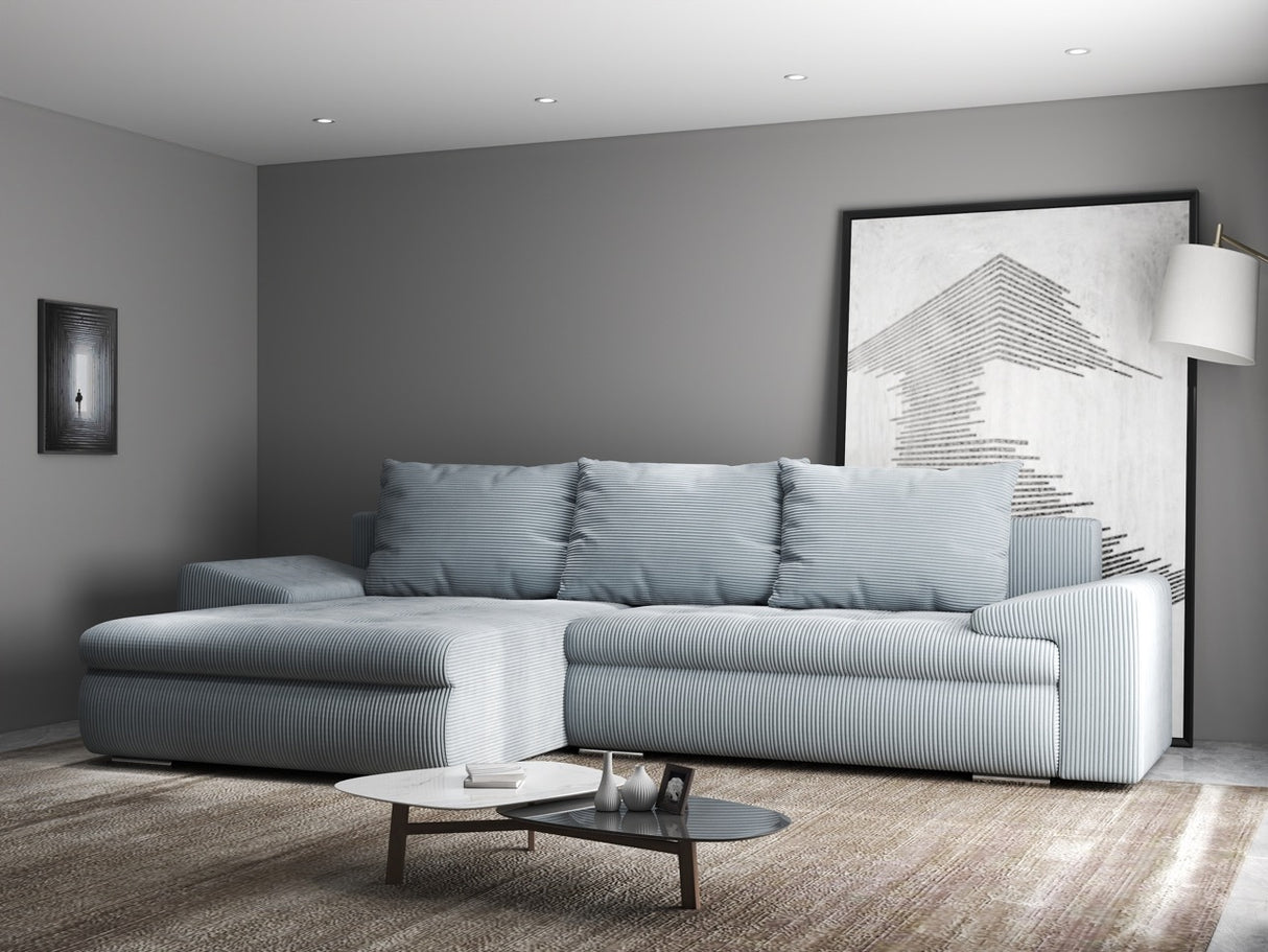 Colțar extensibil dumonde cu ladă de depozitare si sezut confortabil din spuma HR, Leonardo Zoom Gri Mint 255x193 cm
