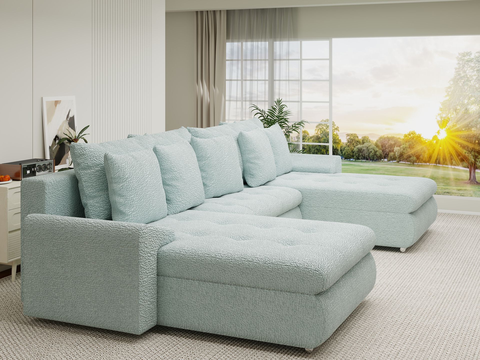 Colțar extensibil dumonde cu ladă de depozitare si sezut confortabil din spuma high-density, Leonardo U Jaguar Verde Mint 16 360x185 cm