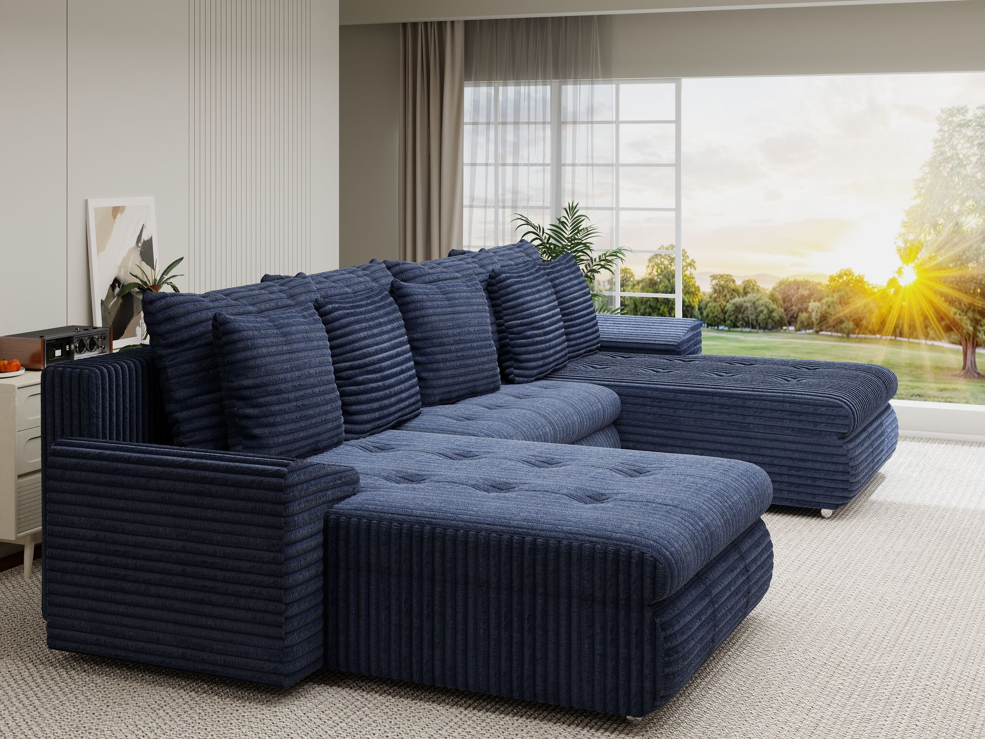 Colțar extensibil dumonde cu ladă de depozitare si sezut confortabil din spuma high-density, Leonardo U Tilia Albastru 77 360x185 cm