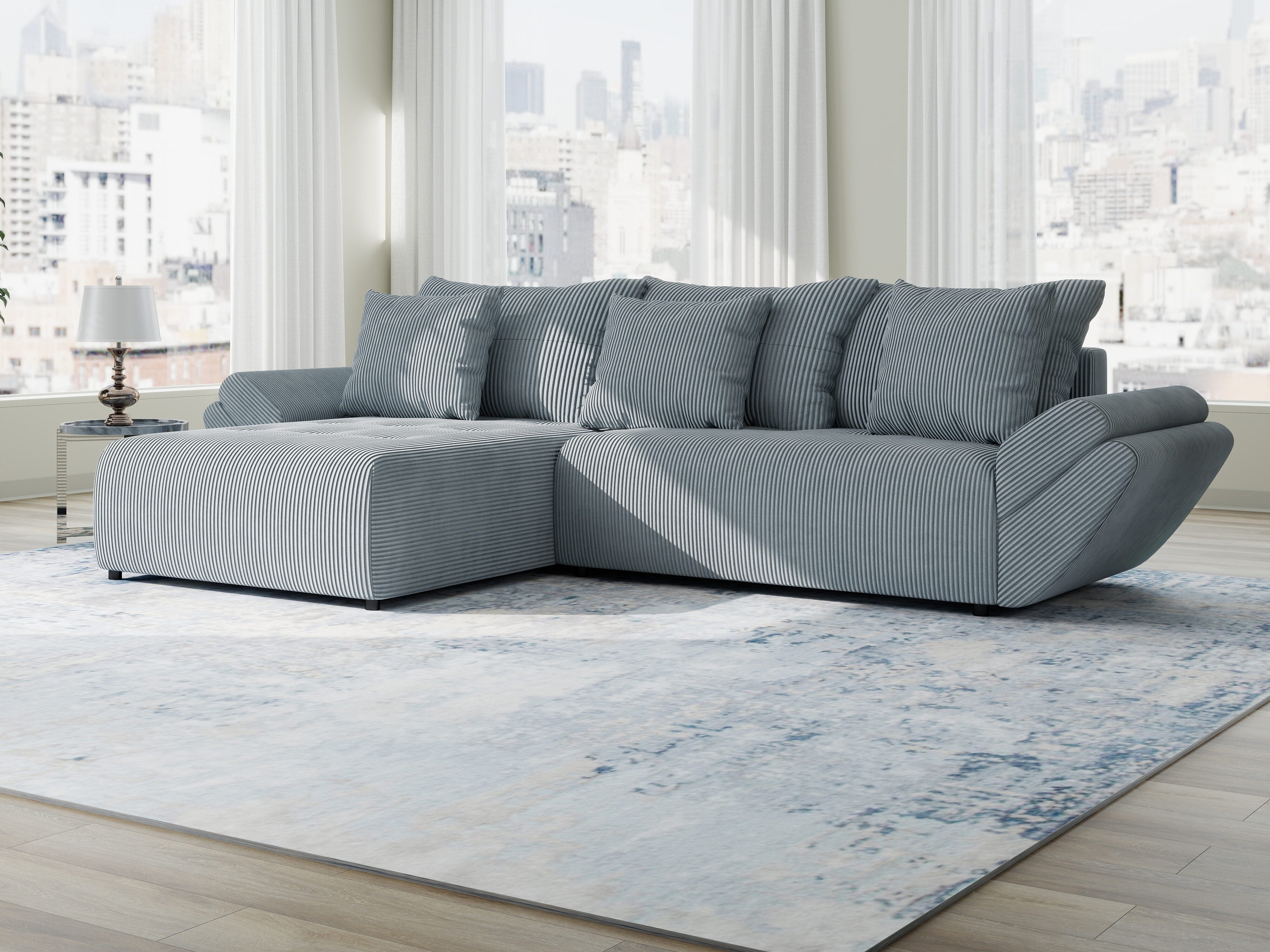 Colțar extensibil dumonde cu ladă de depozitare si sezut confortabil din spuma HR, Berlin Zoom Gri Mint 280x185 cm