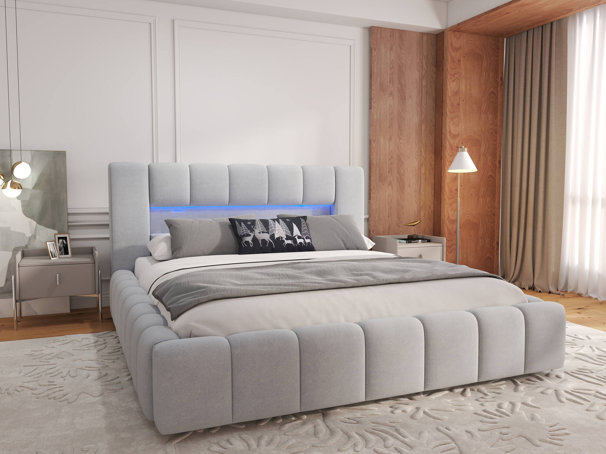 Pat dormitor dumonde, tapitat bej, Palermo 180X200 cm, somiera rabatabila inclusa, spatiu depozitare