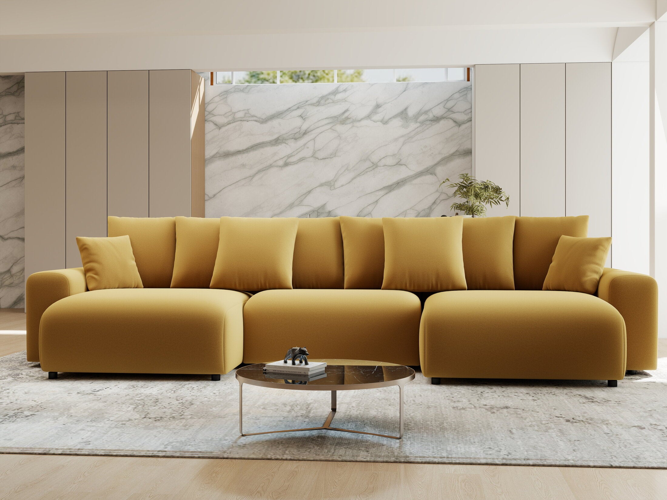 Colțar extensibil dumonde cu ladă de depozitare si sezut confortabil din spuma HR, Luma U Royal Mustar 336x140 cm