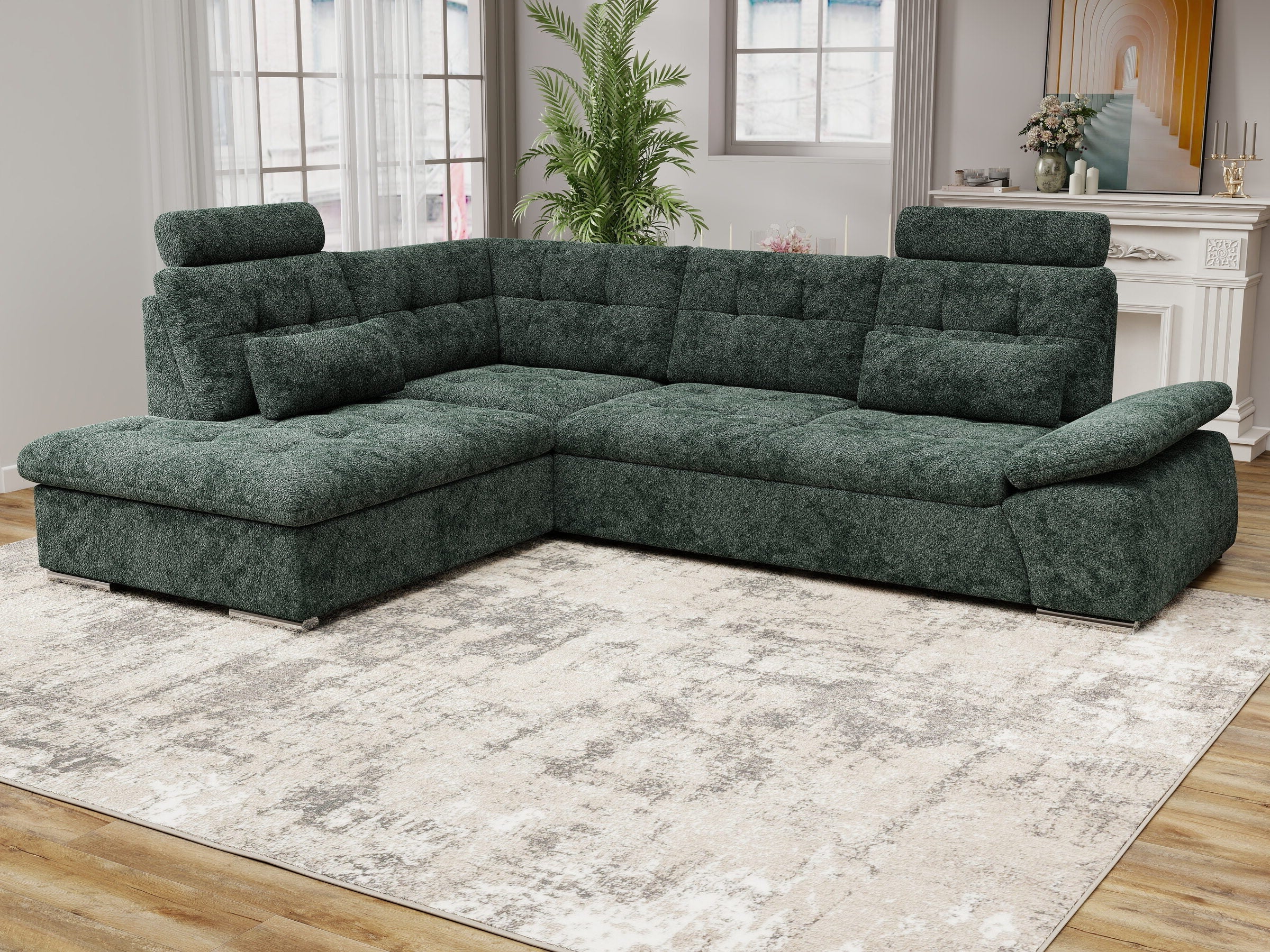 Colțar extensibil dumonde cu ladă de depozitare și șezut confortabil din spumă HR, Merkur XL Euphoria Verde 256x217 cm