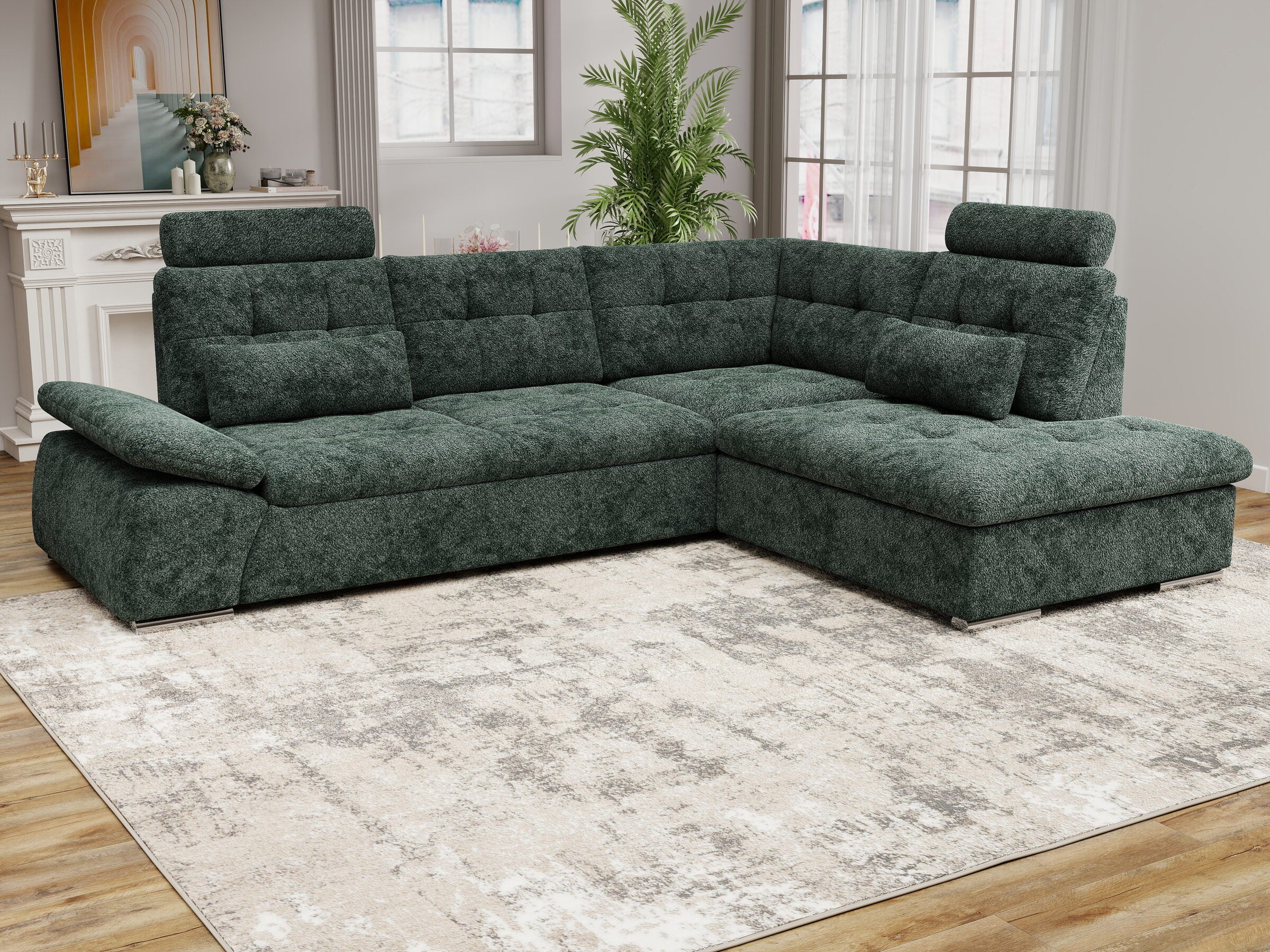 Colțar extensibil dumonde cu ladă de depozitare și șezut confortabil din spumă HR, Merkur XL Euphoria Verde 256x217 cm II