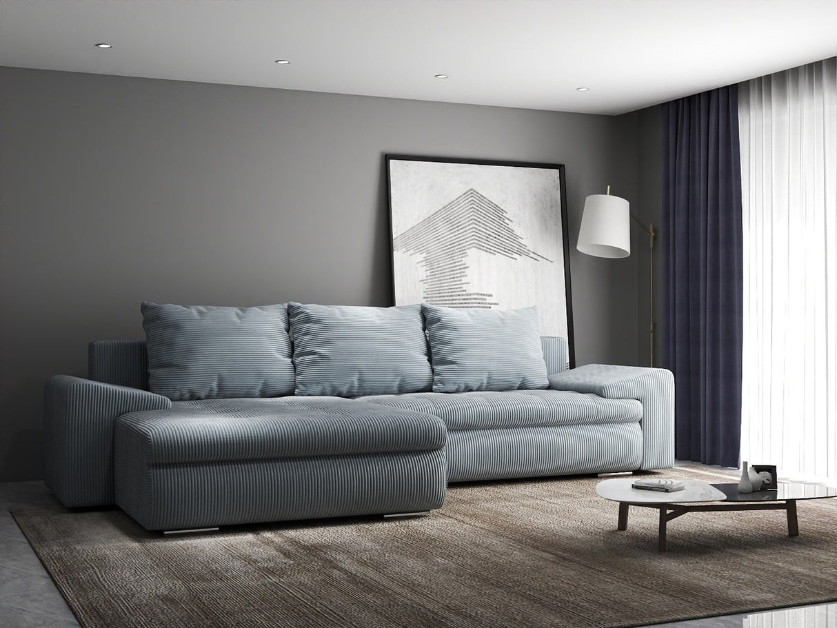 Colțar extensibil dumonde cu ladă de depozitare si sezut confortabil din spuma HR, Leonardo Zoom Gri Mint 255x193 cm