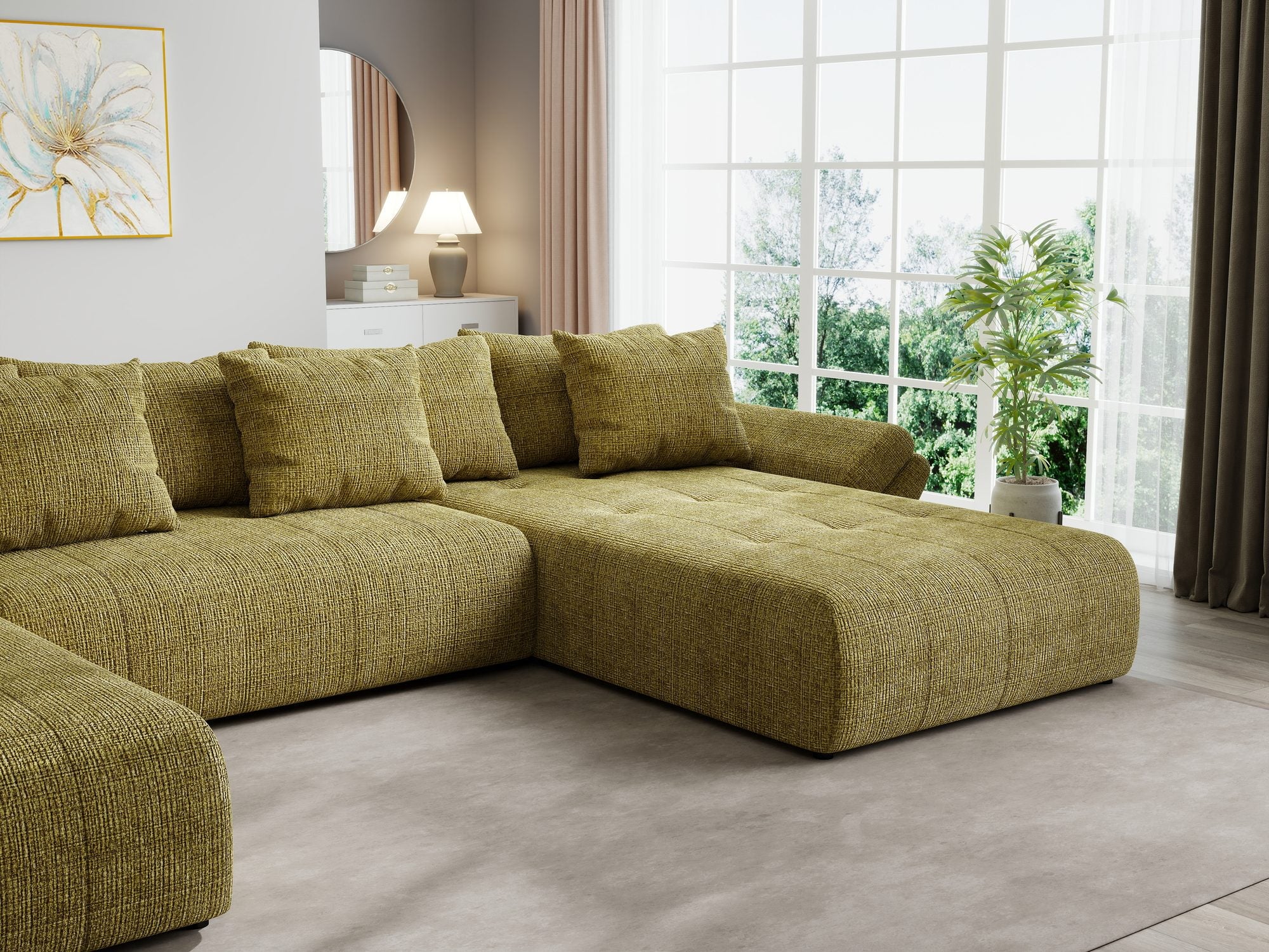 Colțar extensibil dumonde cu ladă de depozitare si sezut confortabil din spuma high-density, Berlin U Cremona Olive 38 380x180 cm