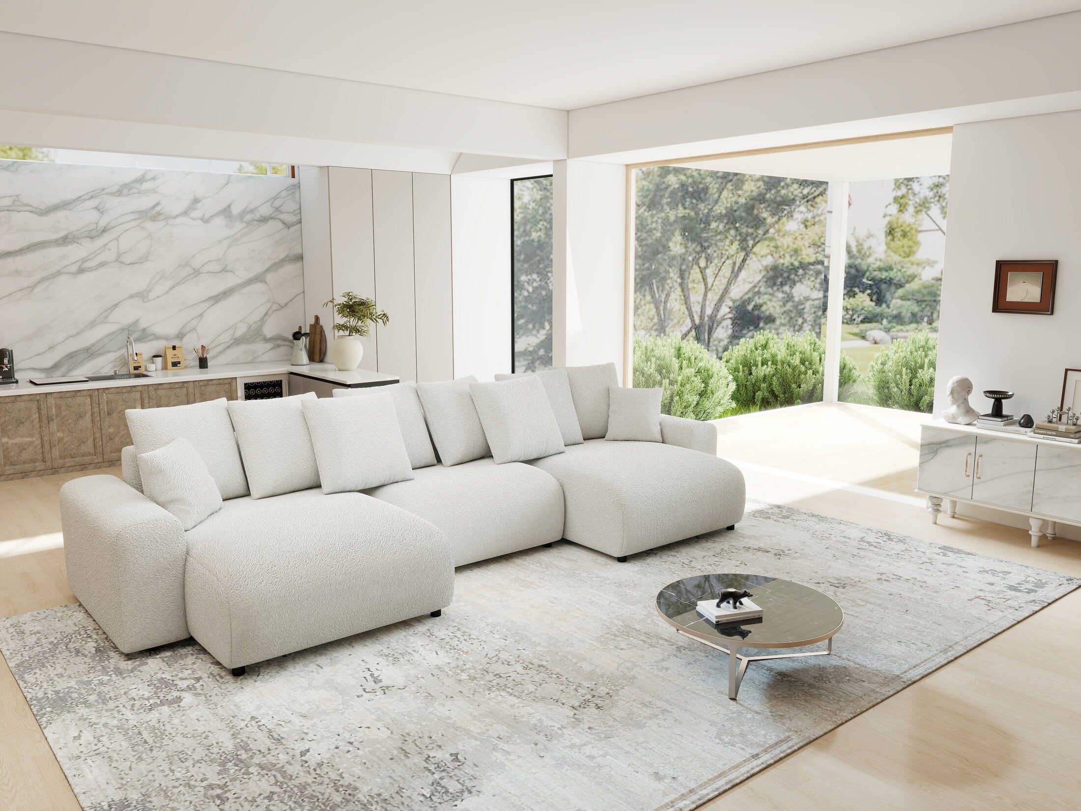 Colțar extensibil dumonde cu ladă de depozitare si sezut confortabil din spuma HR, Luma U Euphoria Alb 336x140 cm