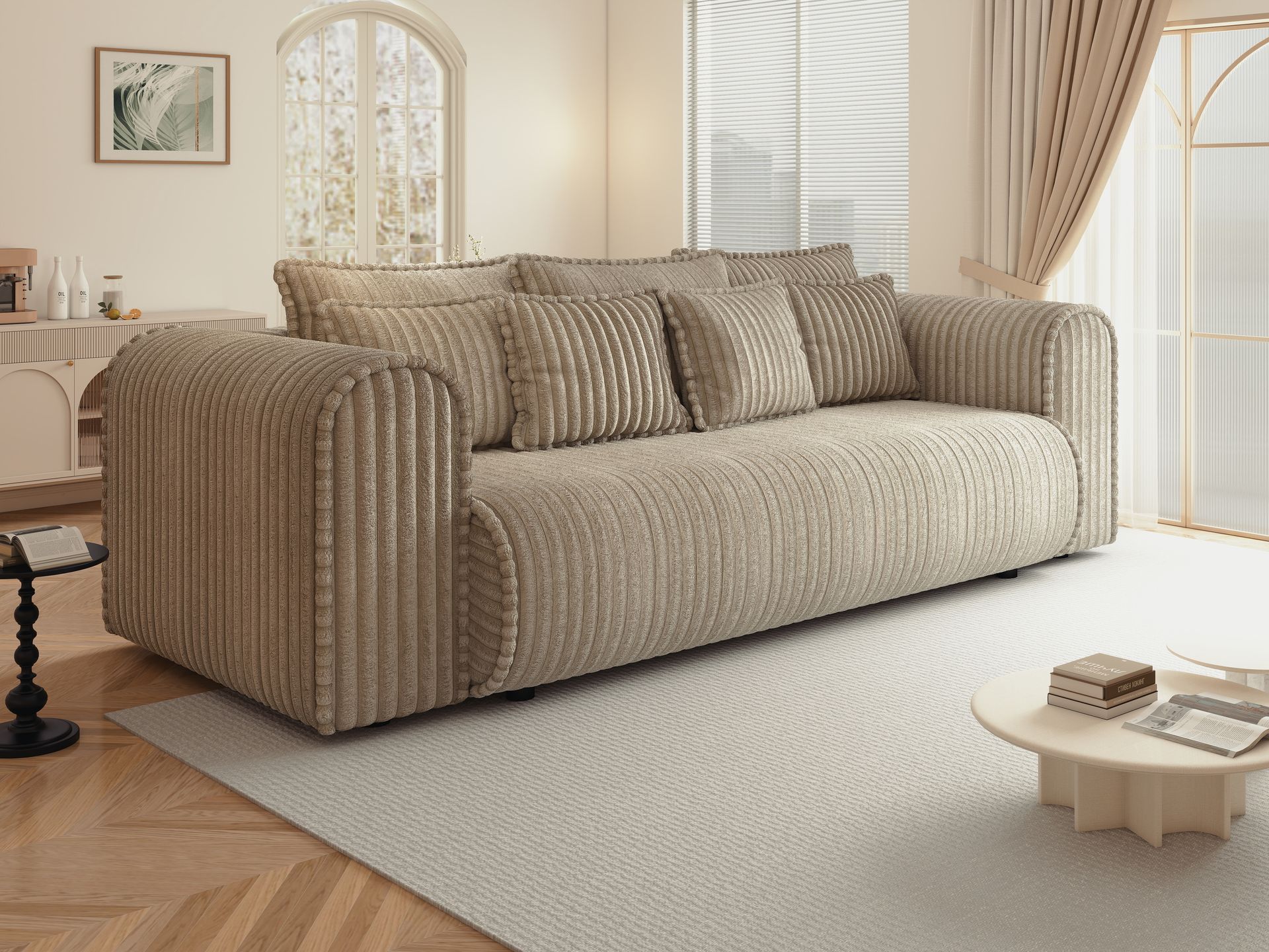 Canapea extensibilă dumonde cu ladă de depozitare si sezut confortabil din spuma high-density, Monaco Mica Tilia Bej 240x100 cm