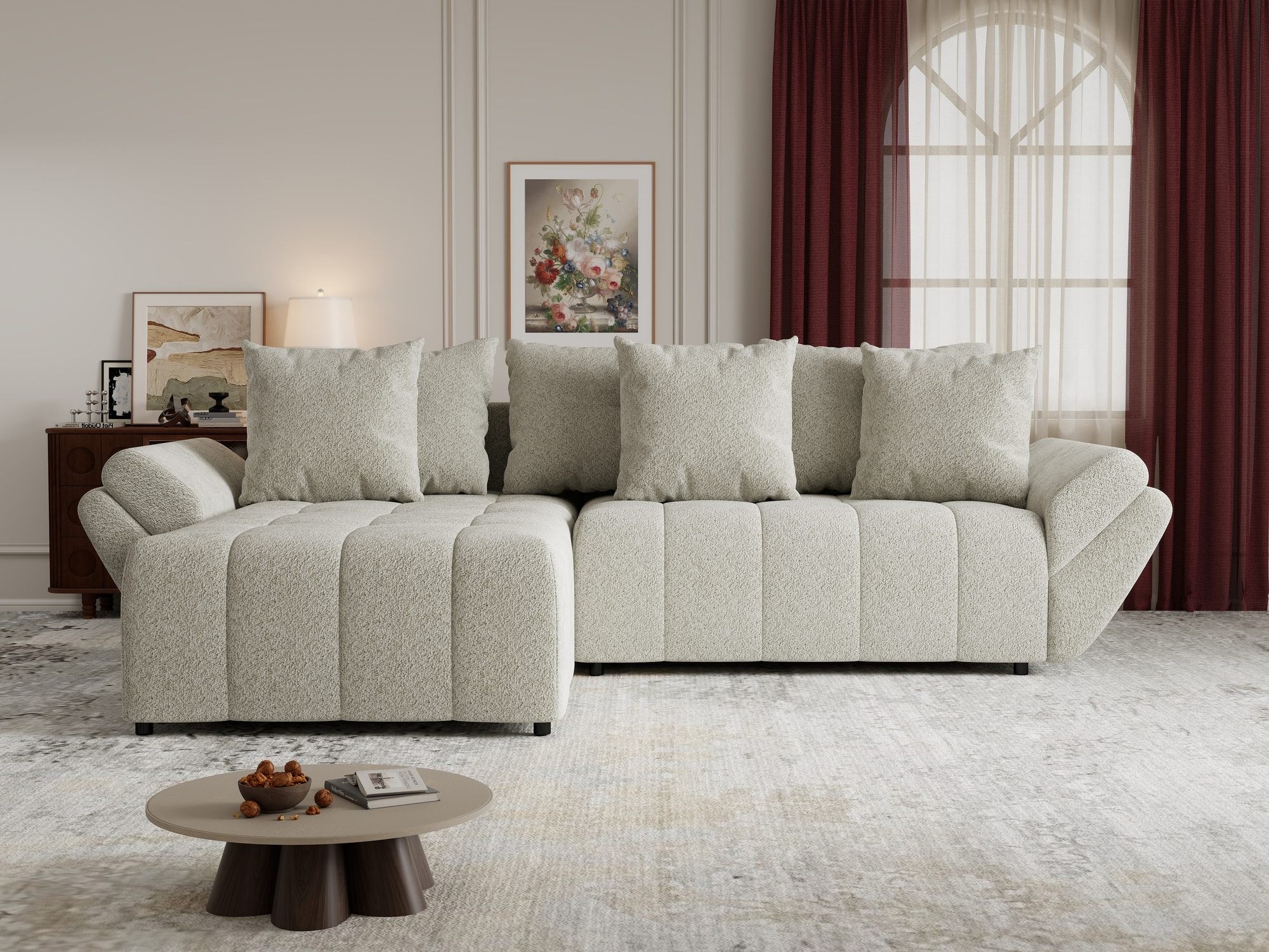 Colțar extensibil dumonde cu ladă de depozitare si sezut confortabil din spuma high-density, Berlin Arena Bej 20 280x185 cm