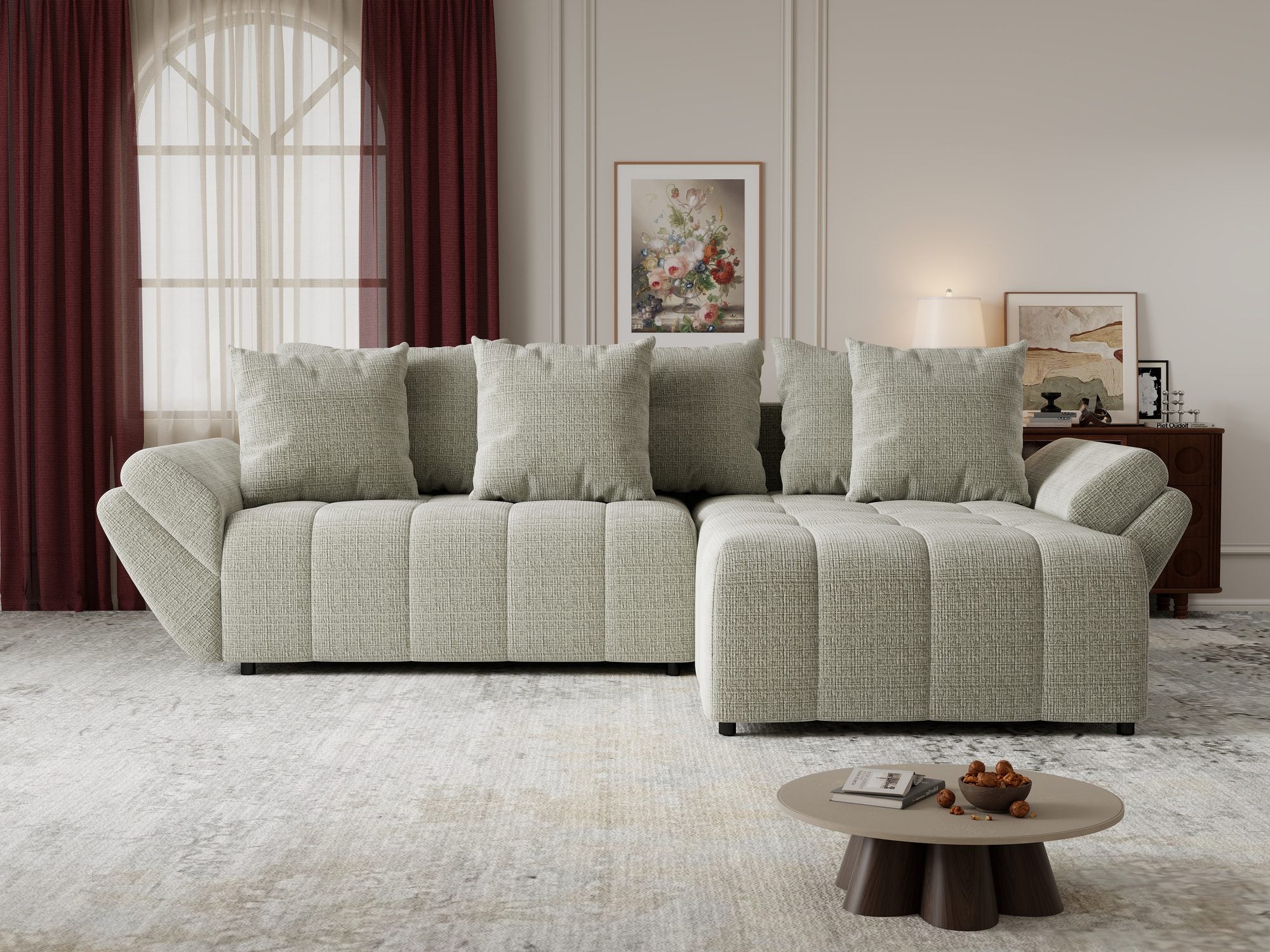 Colțar extensibil dumonde cu ladă de depozitare si sezut confortabil din spuma high-density, Berlin Cremona Bej 04 II 280x185 cm
