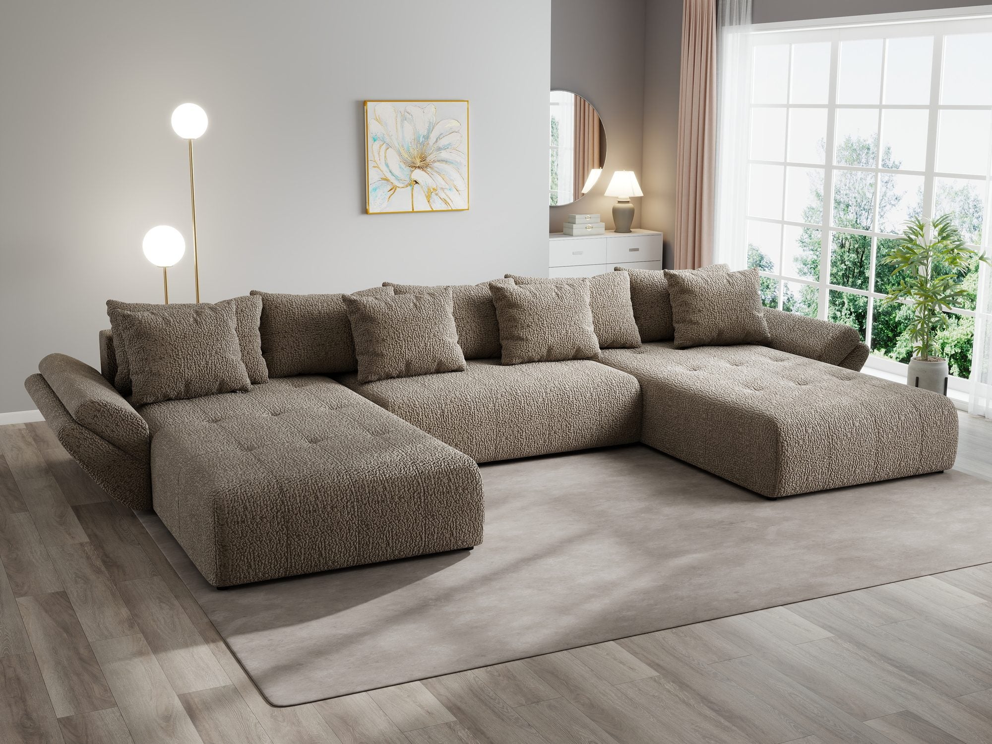 Colțar extensibil dumonde cu ladă de depozitare si sezut confortabil din spuma high-density, Berlin U Jaguar Maro Cappuccino 8 380x180 cm