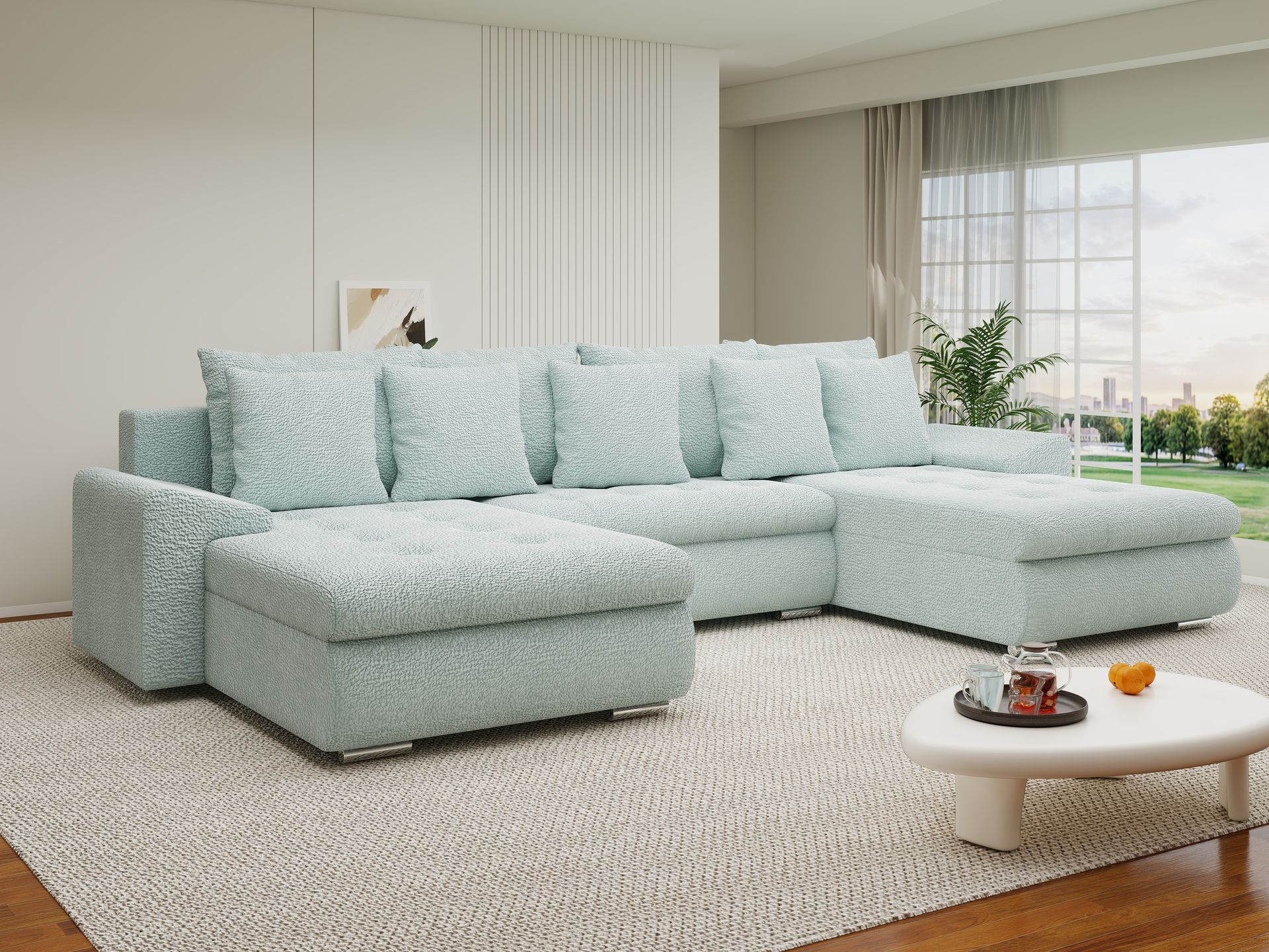 Colțar extensibil dumonde cu ladă de depozitare si sezut confortabil din spuma high-density, Leonardo U Jaguar Verde Mint 16 360x185 cm