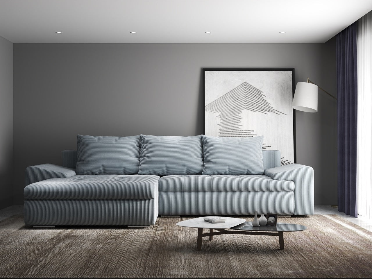 Colțar extensibil dumonde cu ladă de depozitare si sezut confortabil din spuma HR, Leonardo Zoom Grey 255x193 cm Fabrica