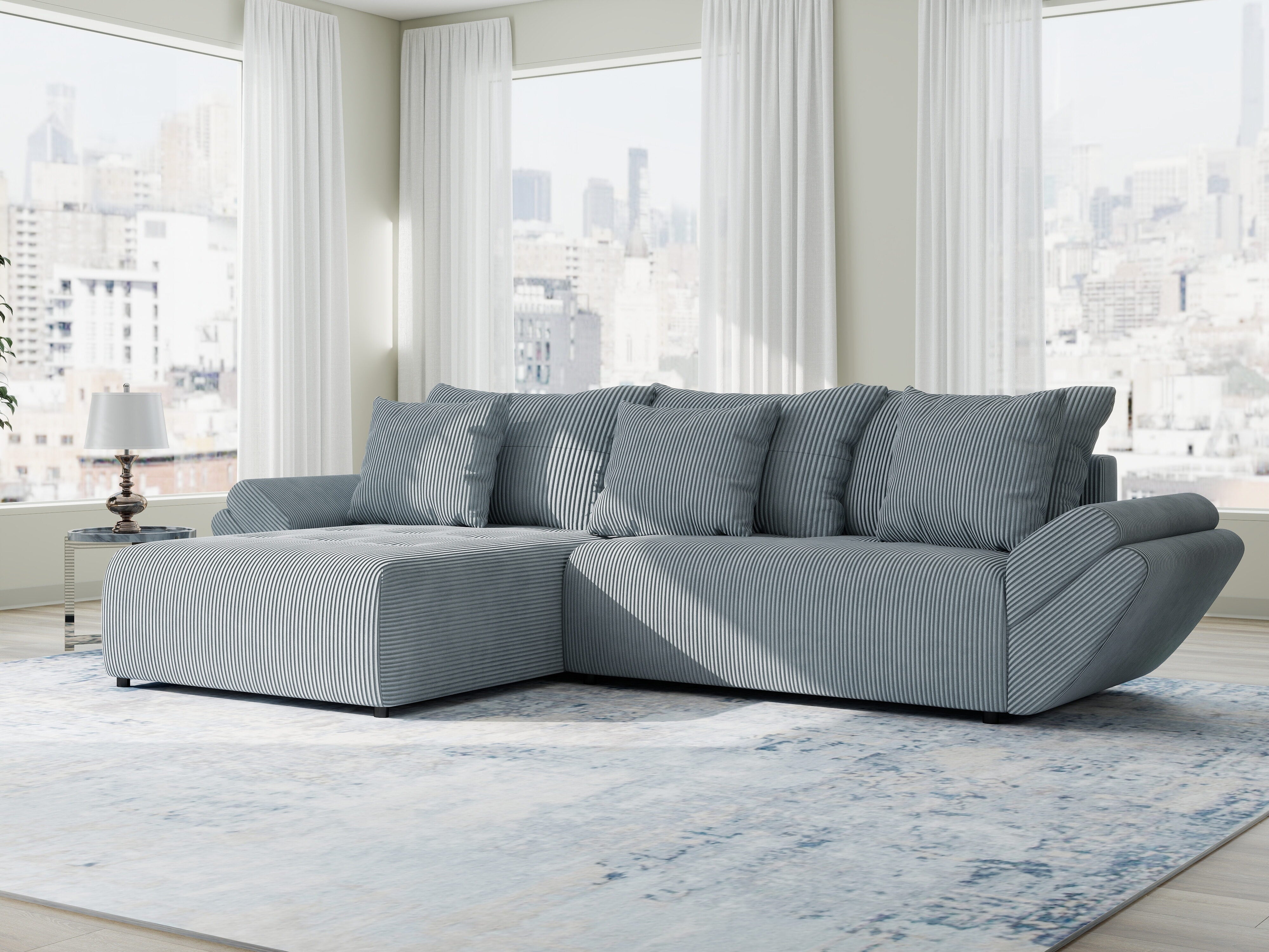 Colțar extensibil dumonde cu ladă de depozitare si sezut confortabil din spuma HR, Berlin Zoom Gri Mint 280x185 cm