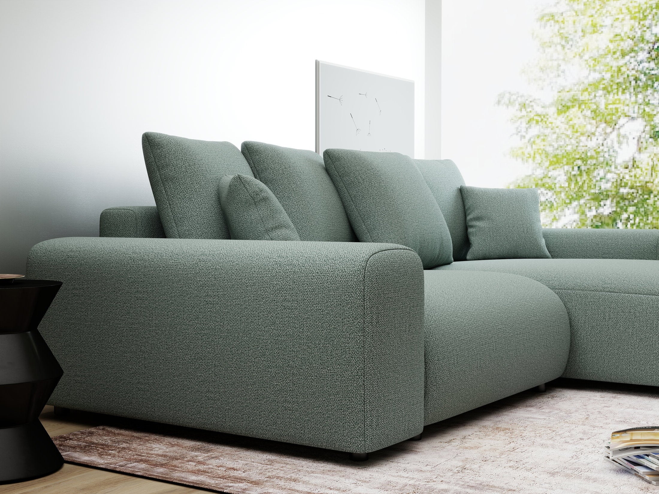 Colțar extensibil dumonde cu ladă de depozitare și șezut confortabil din spumă HR, Luma Enjoy Verde Mint 255x168 cm II