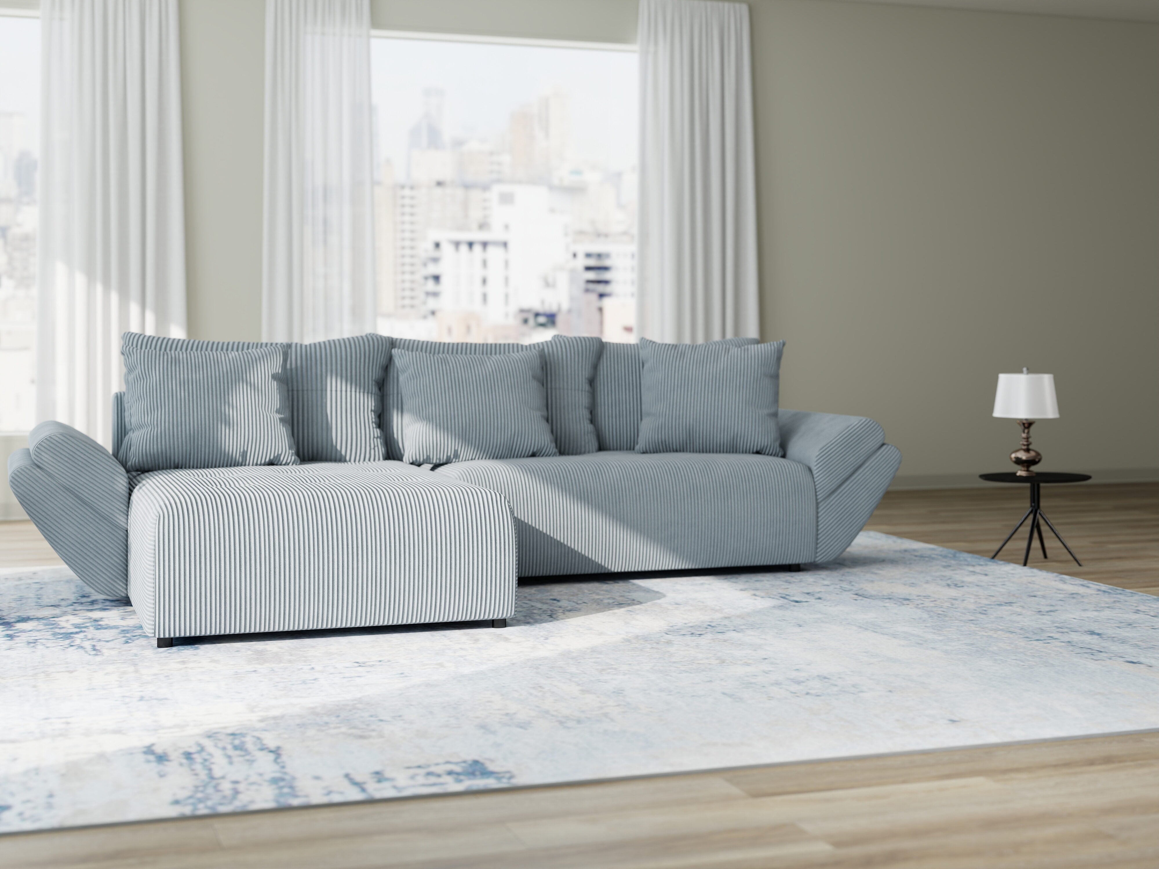 Colțar extensibil dumonde cu ladă de depozitare si sezut confortabil din spuma HR, Berlin Zoom Gri Mint 280x185 cm