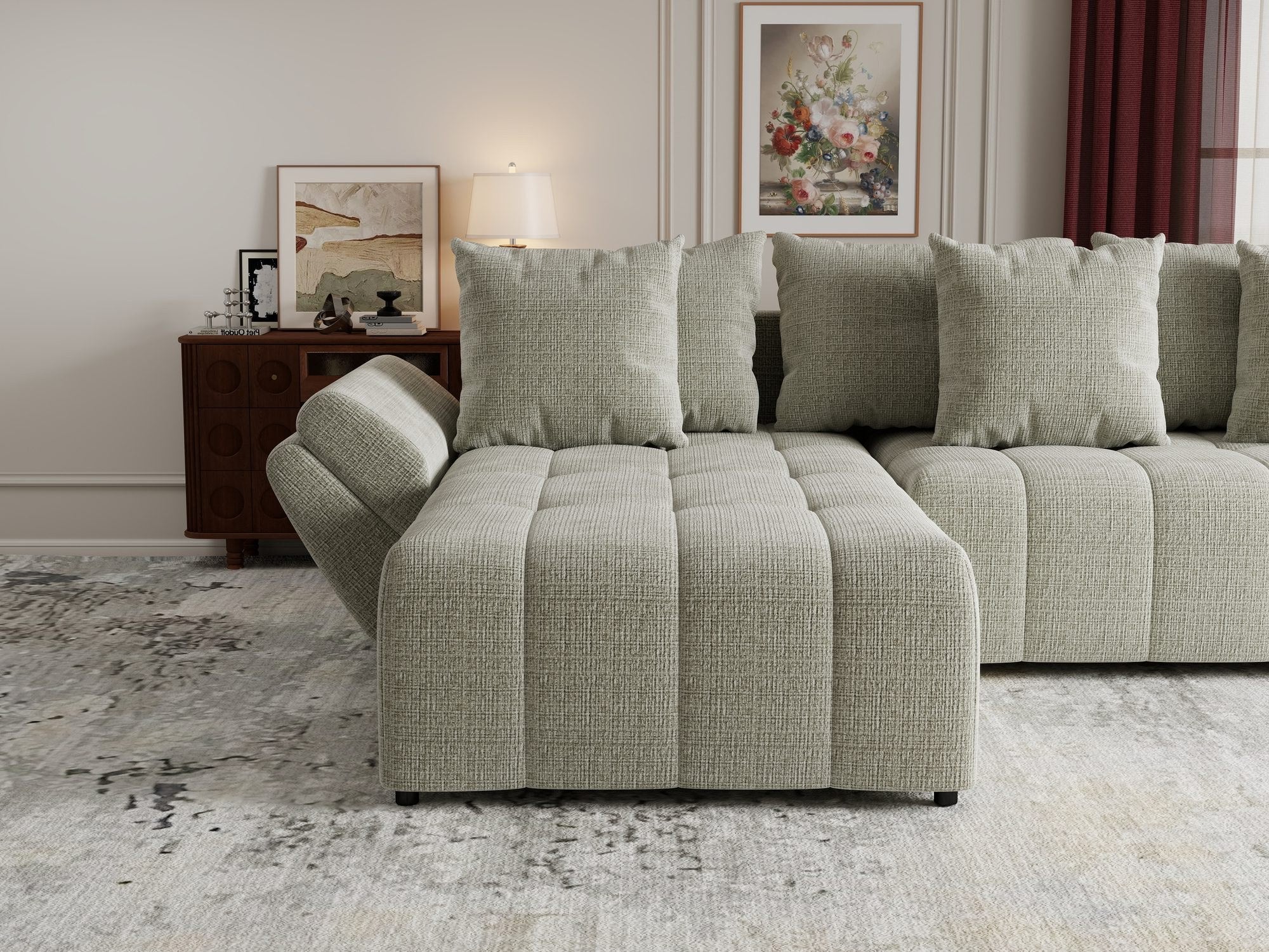 Colțar extensibil dumonde cu ladă de depozitare si sezut confortabil din spuma high-density, Berlin Cremona Bej 04 280x185 cm