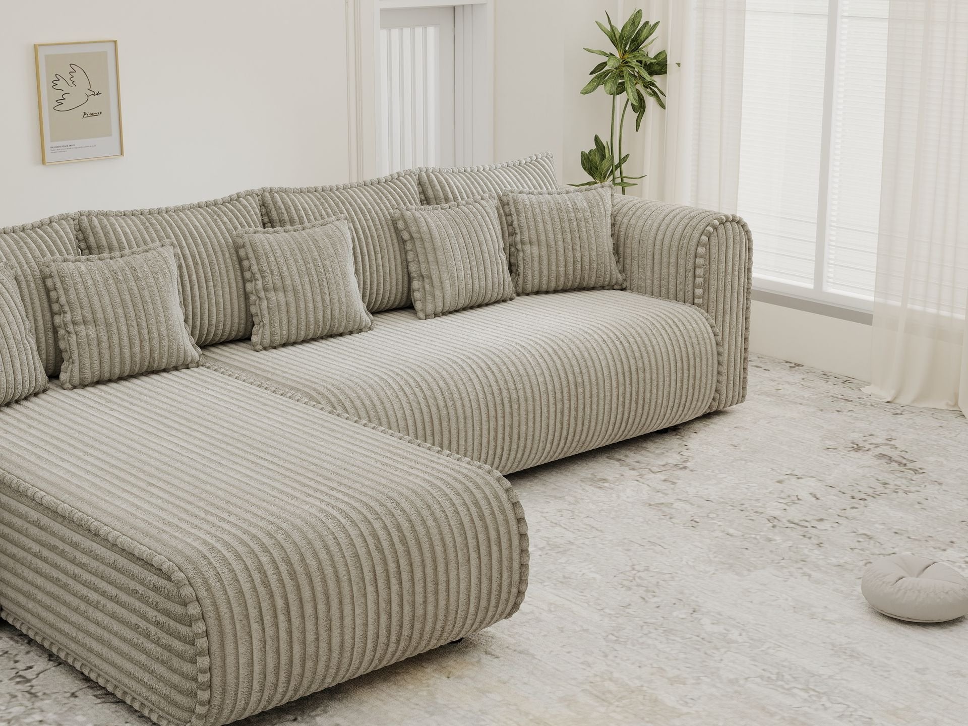 Colțar extensibil dumonde cu ladă de depozitare si sezut confortabil din spuma high-density, Monaco XL Tilia Capucino 340x185 cm