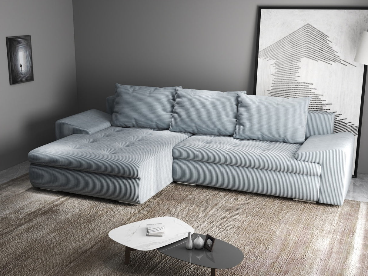 Colțar extensibil dumonde cu ladă de depozitare si sezut confortabil din spuma HR, Leonardo Zoom Gri Mint 255x193 cm