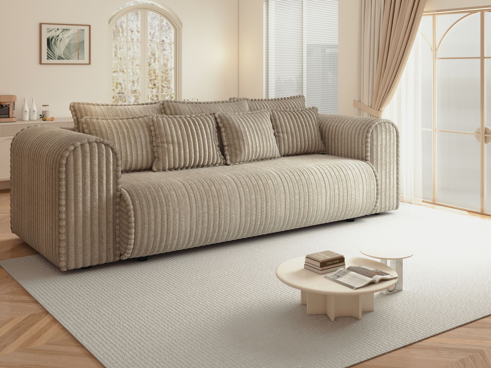 Canapea extensibilă dumonde cu ladă de depozitare si sezut confortabil din spuma high-density, Monaco Mica Tilia Bej 240x100 cm