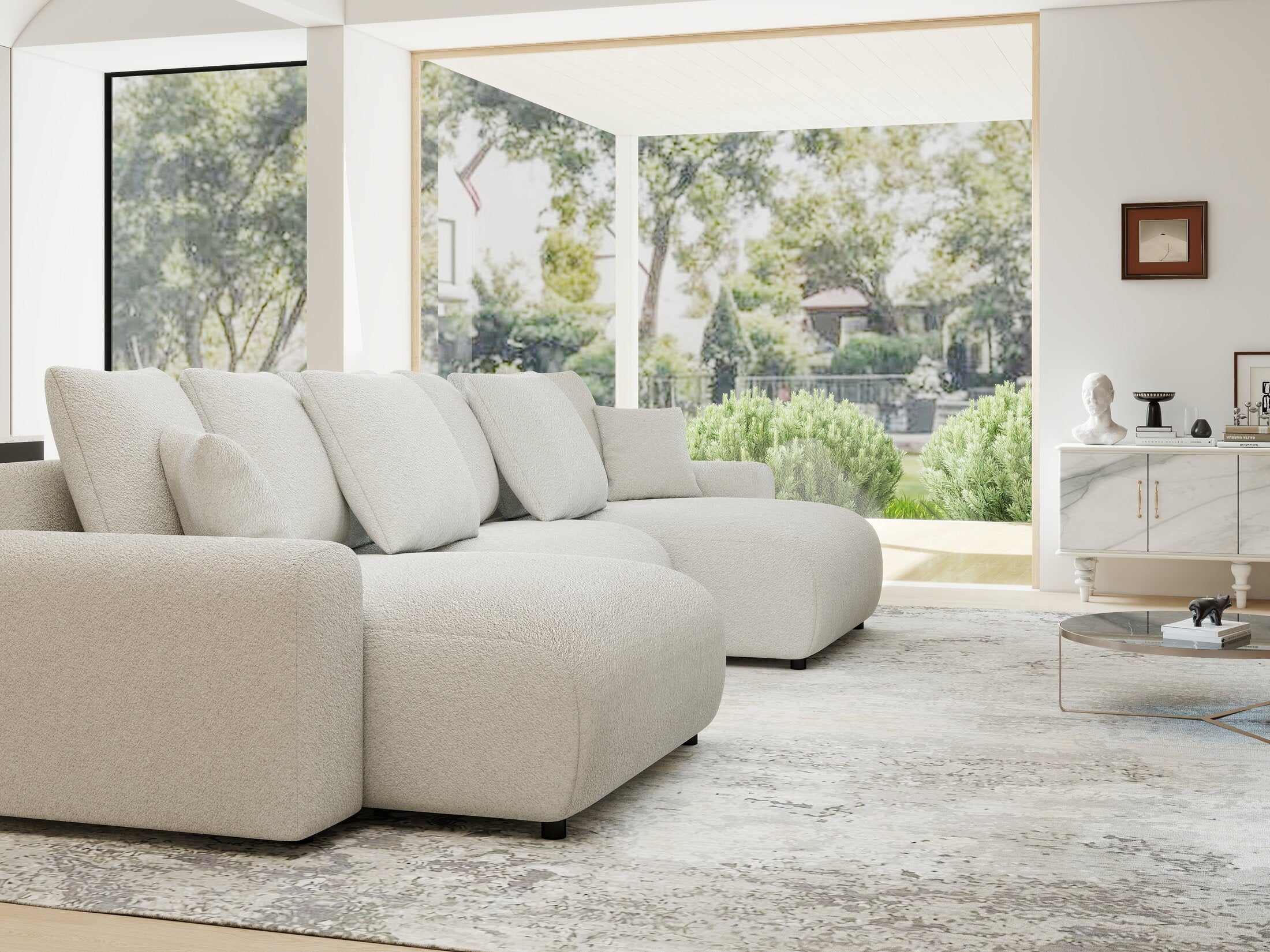 Colțar extensibil dumonde cu ladă de depozitare si sezut confortabil din spuma HR, Luma U Euphoria Alb 336x140 cm