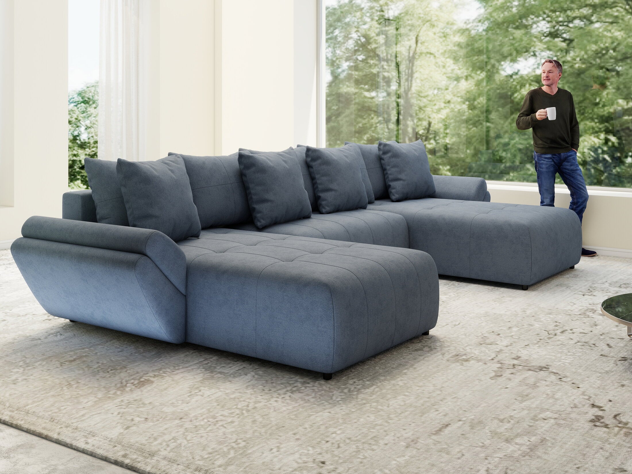 Colțar extensibil dumonde cu ladă de depozitare si sezut confortabil din spuma HR, Berlin U Enjoy Antracit 380x180 cm