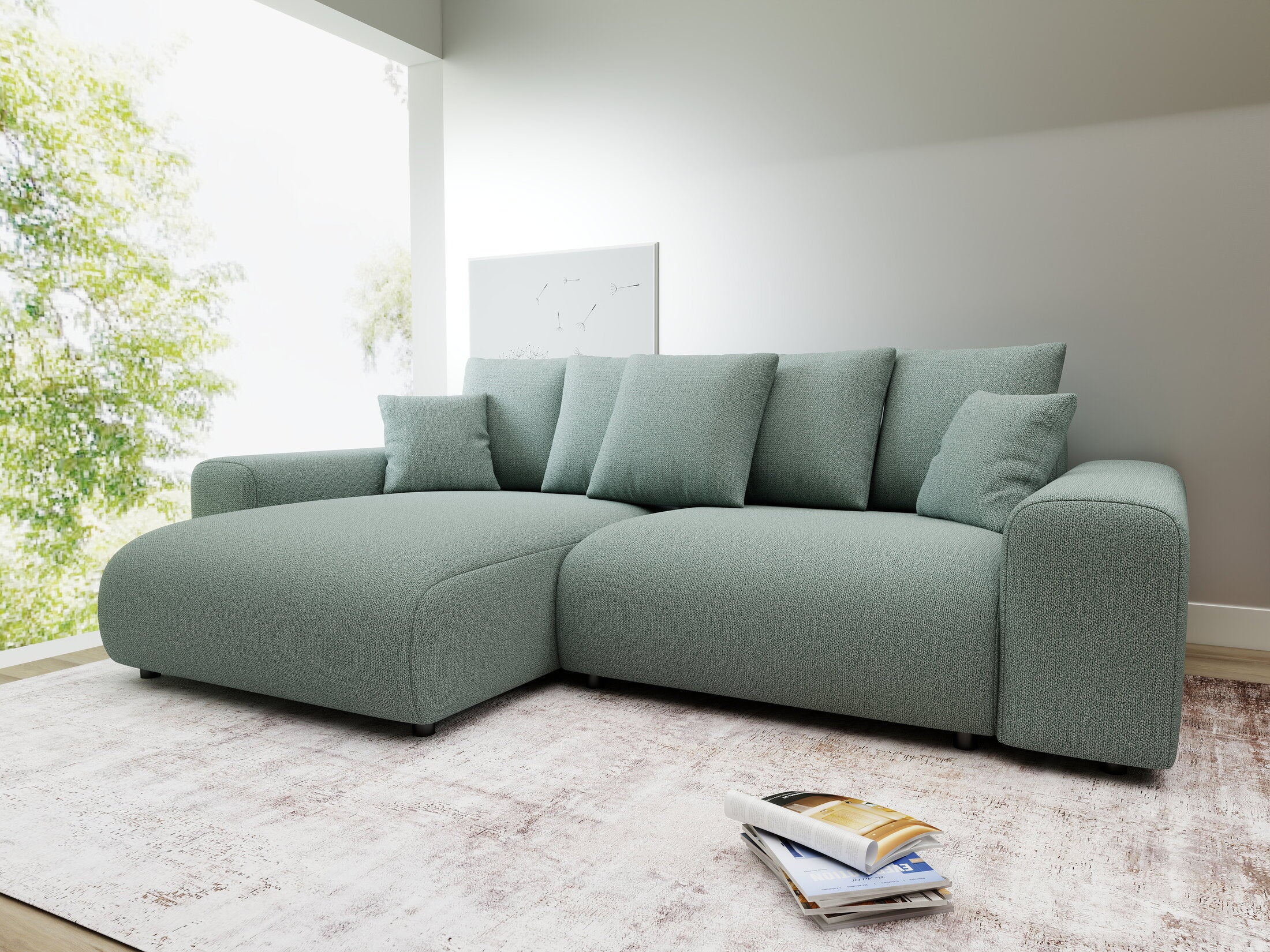 Colțar extensibil dumonde cu ladă de depozitare și șezut confortabil din spumă HR, Luma Enjoy Verde Mint 255x168 cm