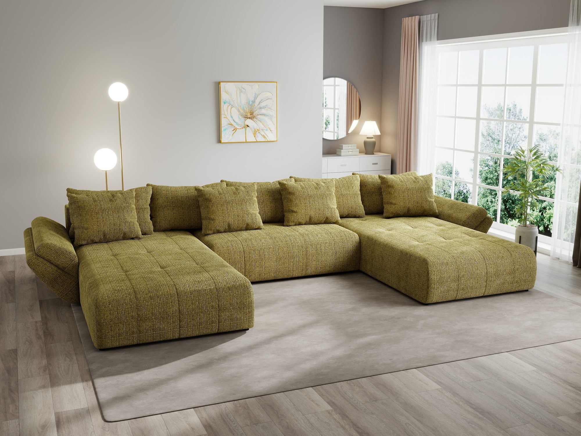 Colțar extensibil dumonde cu ladă de depozitare si sezut confortabil din spuma high-density, Berlin U Cremona Olive 38 380x180 cm