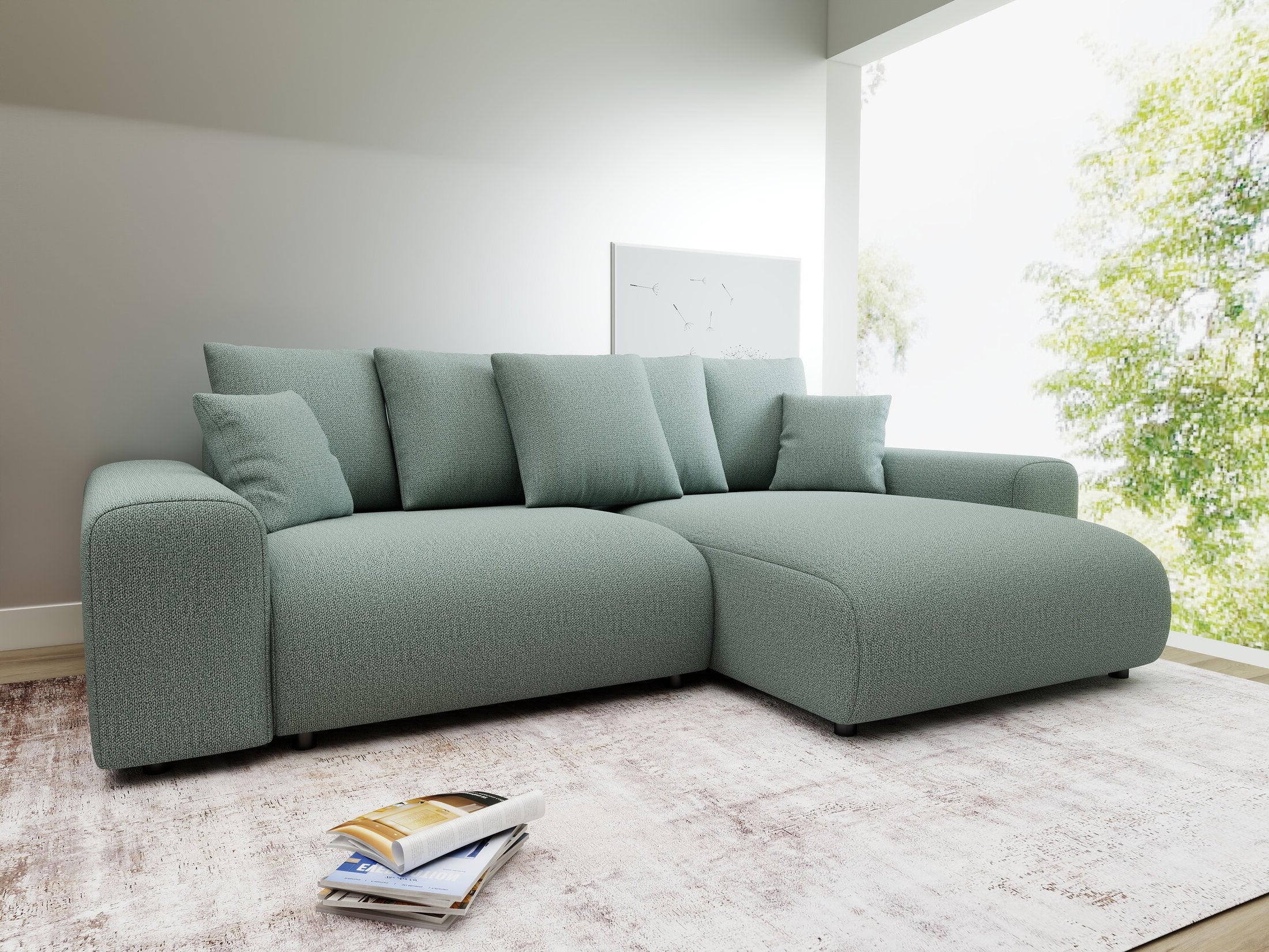 Colțar extensibil dumonde cu ladă de depozitare și șezut confortabil din spumă HR, Luma Enjoy Verde Mint 255x168 cm II