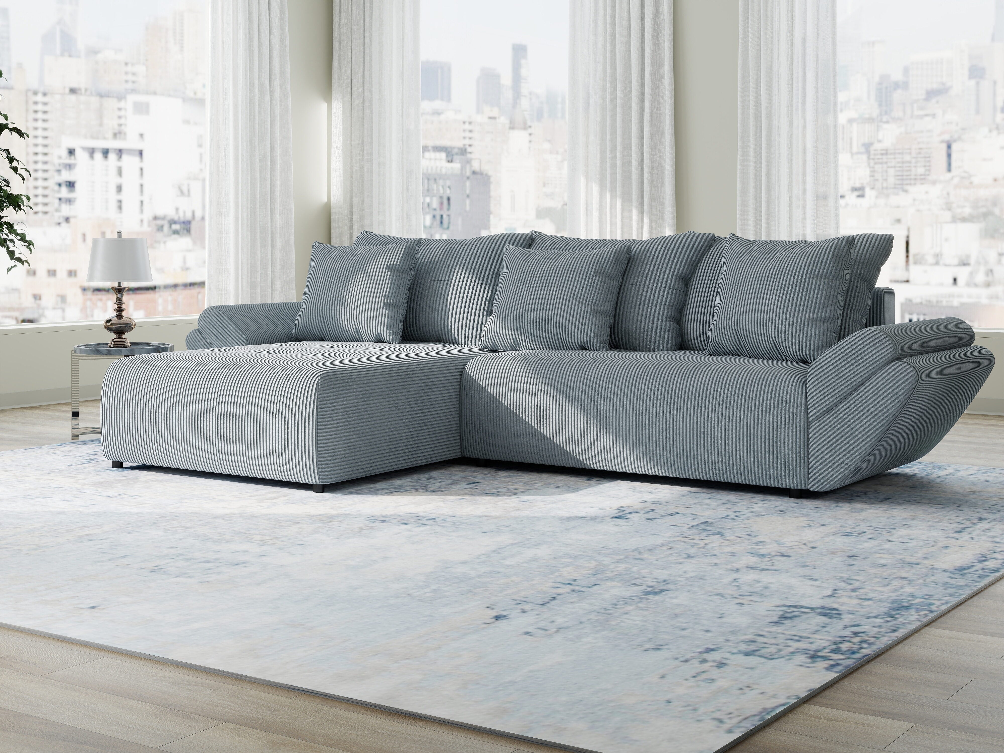 Colțar extensibil dumonde cu ladă de depozitare si sezut confortabil din spuma HR, Berlin Zoom Gri Mint 280x185 cm