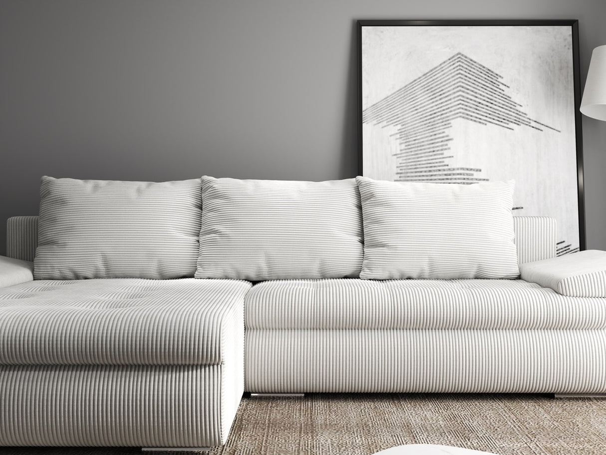 Colțar extensibil dumonde cu ladă de depozitare si sezut confortabil din spuma HR, Leonardo Zoom Gri 255x193 cm