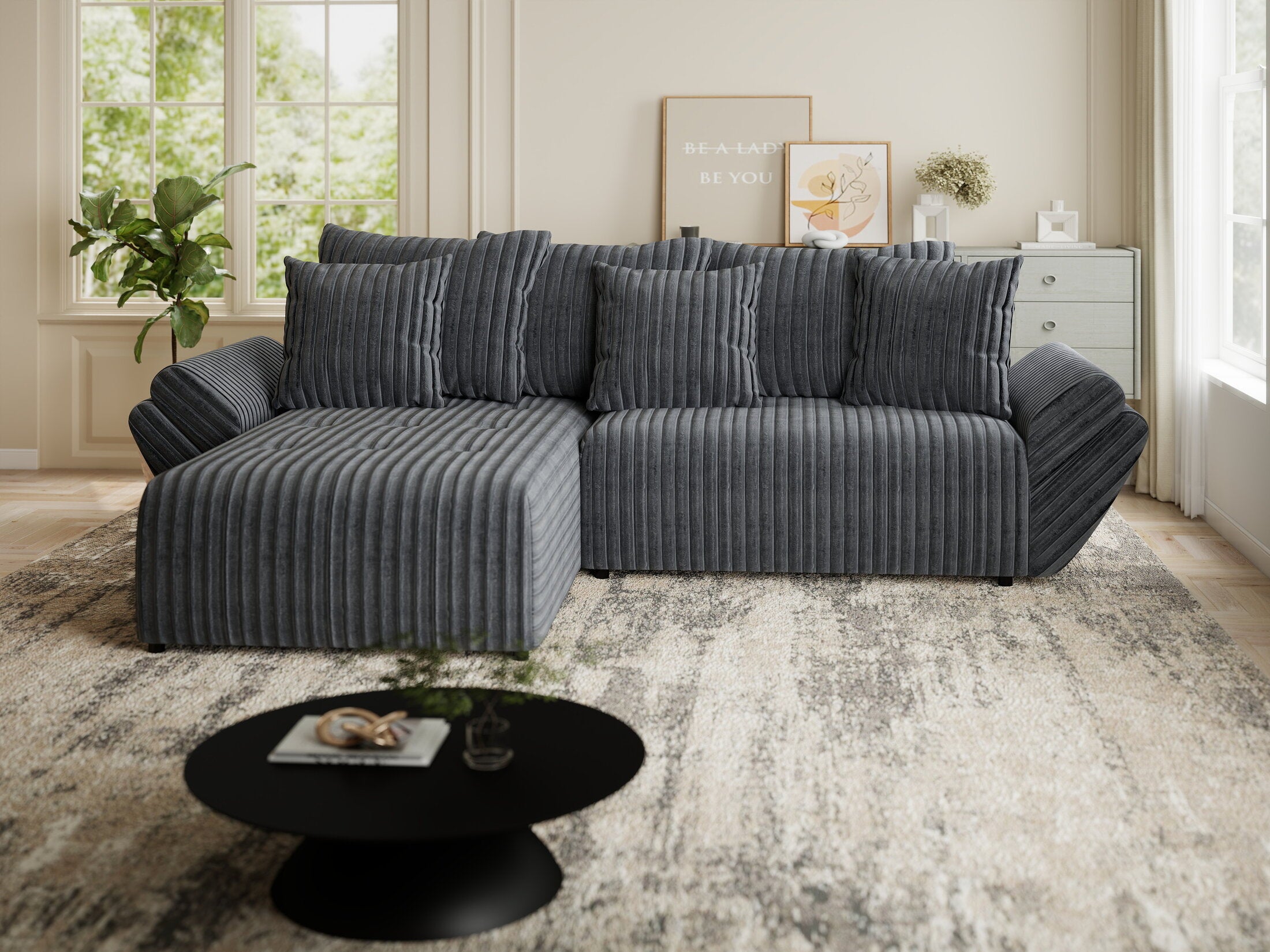 Colțar extensibil dumonde cu ladă de depozitare si sezut confortabil din spuma HR, Berlin Ambience Gri 280x185 cm