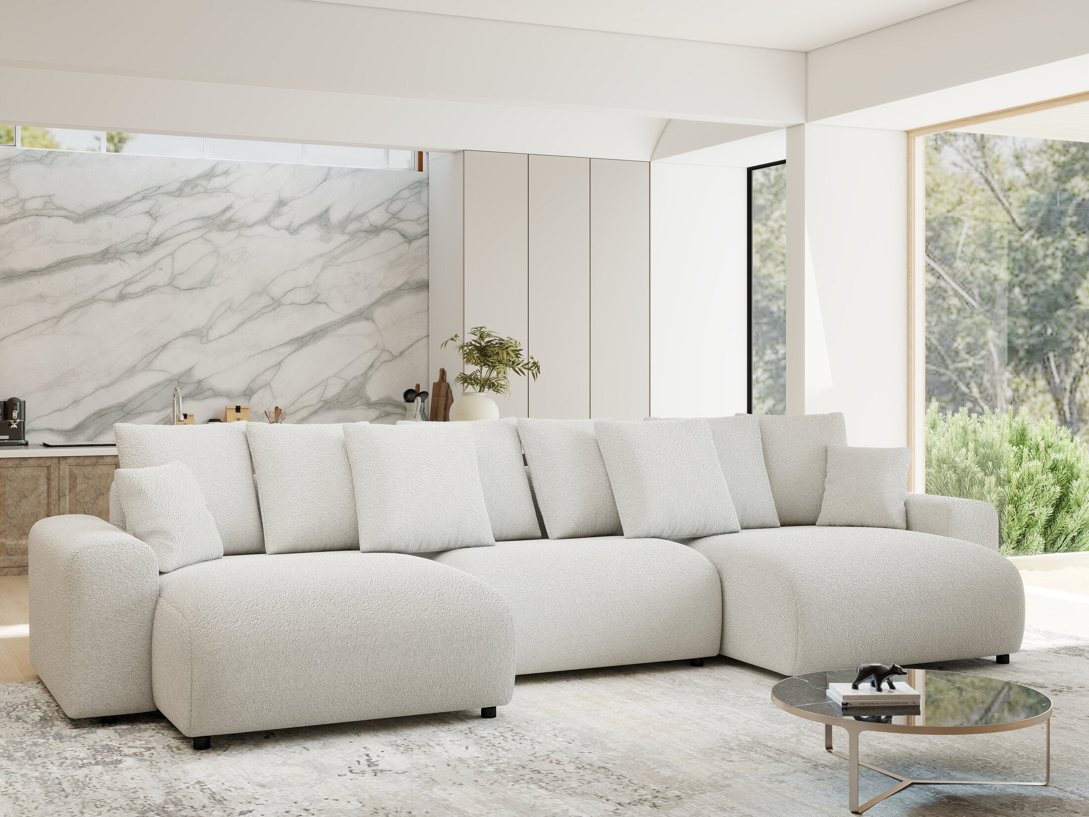 Colțar extensibil dumonde cu ladă de depozitare si sezut confortabil din spuma HR, Luma U Euphoria Alb 336x140 cm