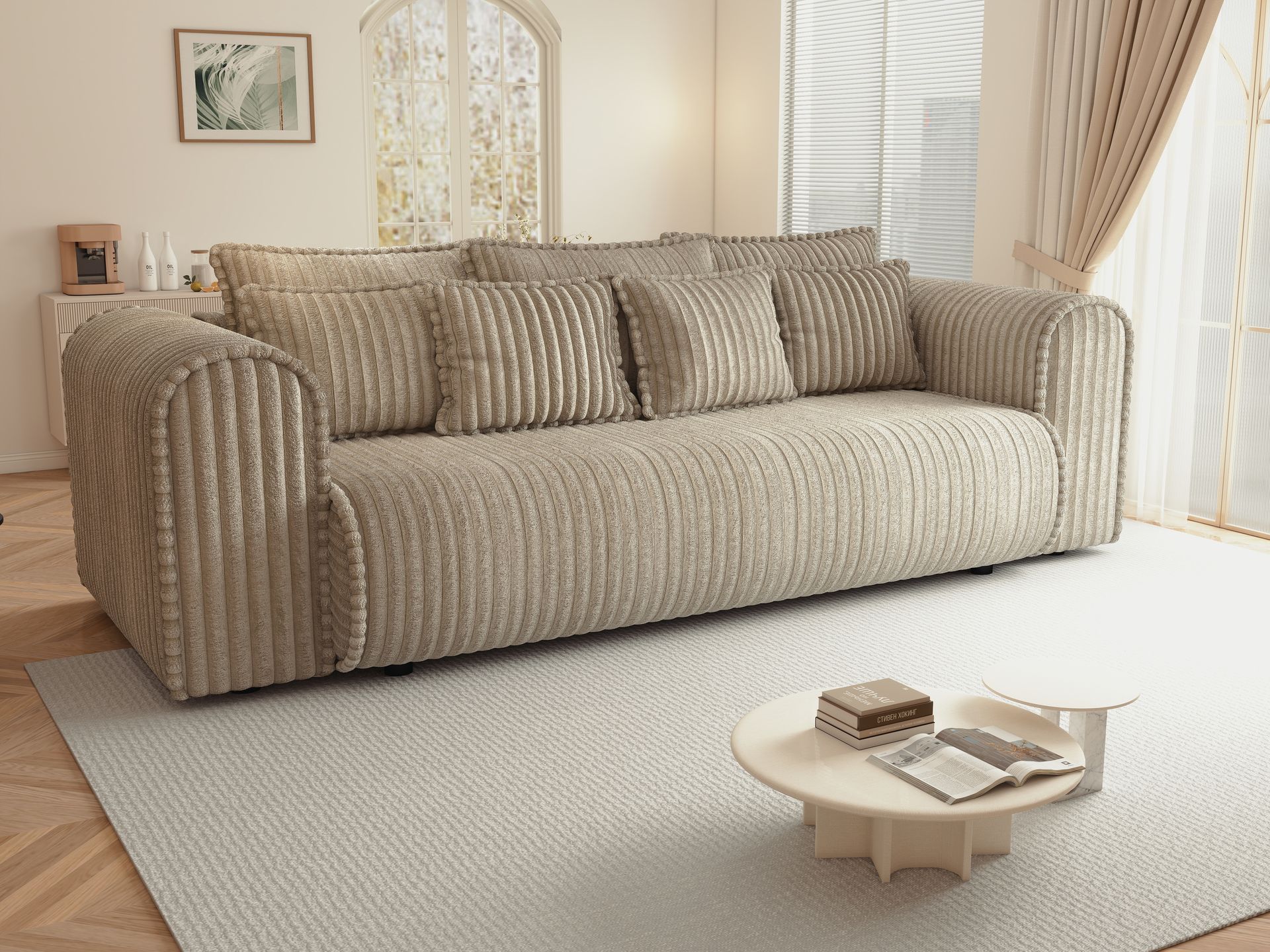 Canapea extensibilă dumonde cu ladă de depozitare si sezut confortabil din spuma high-density, Monaco Mica Tilia Bej 240x100 cm