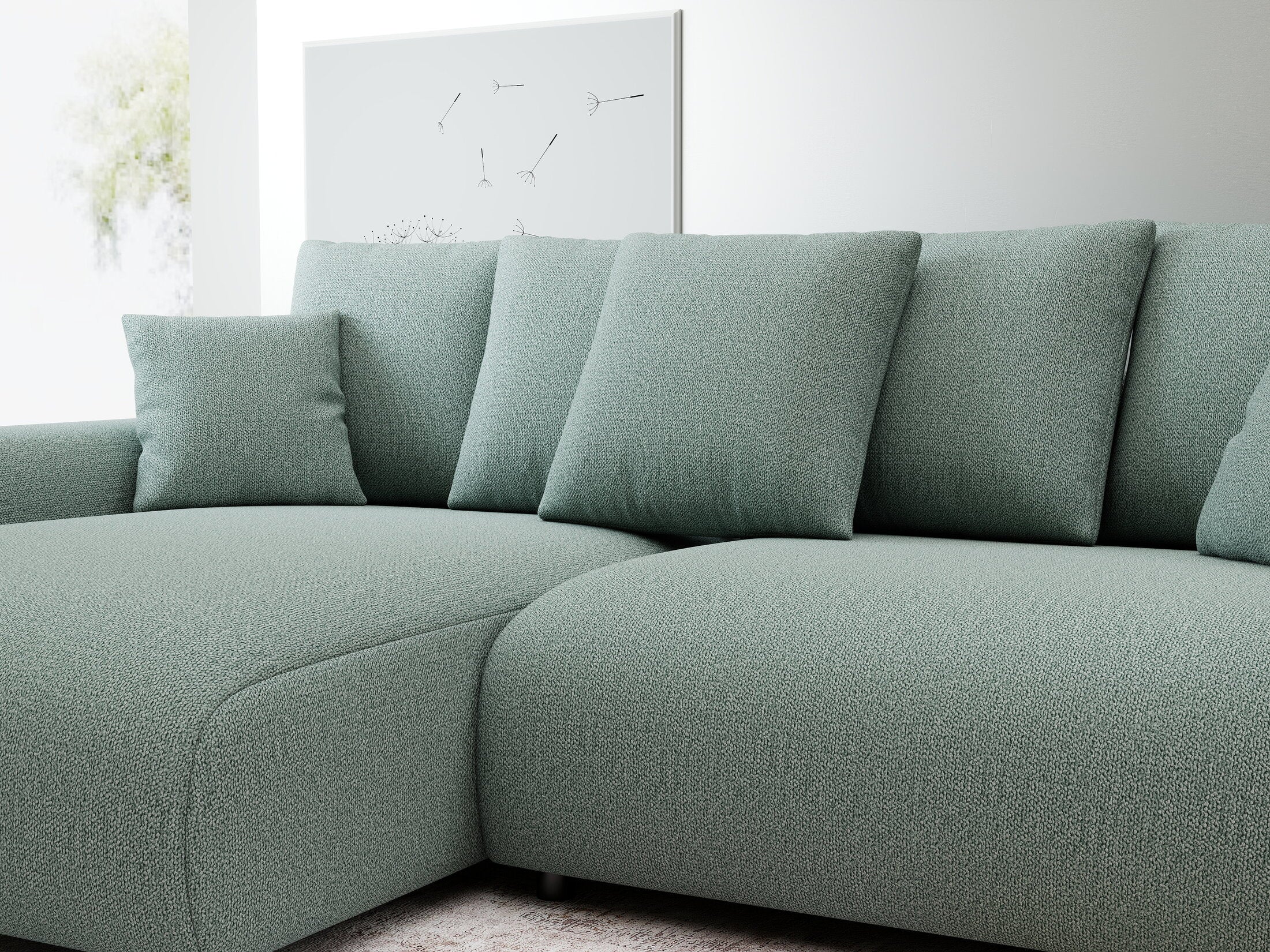 Colțar extensibil dumonde cu ladă de depozitare și șezut confortabil din spumă HR, Luma Enjoy Verde Mint 255x168 cm