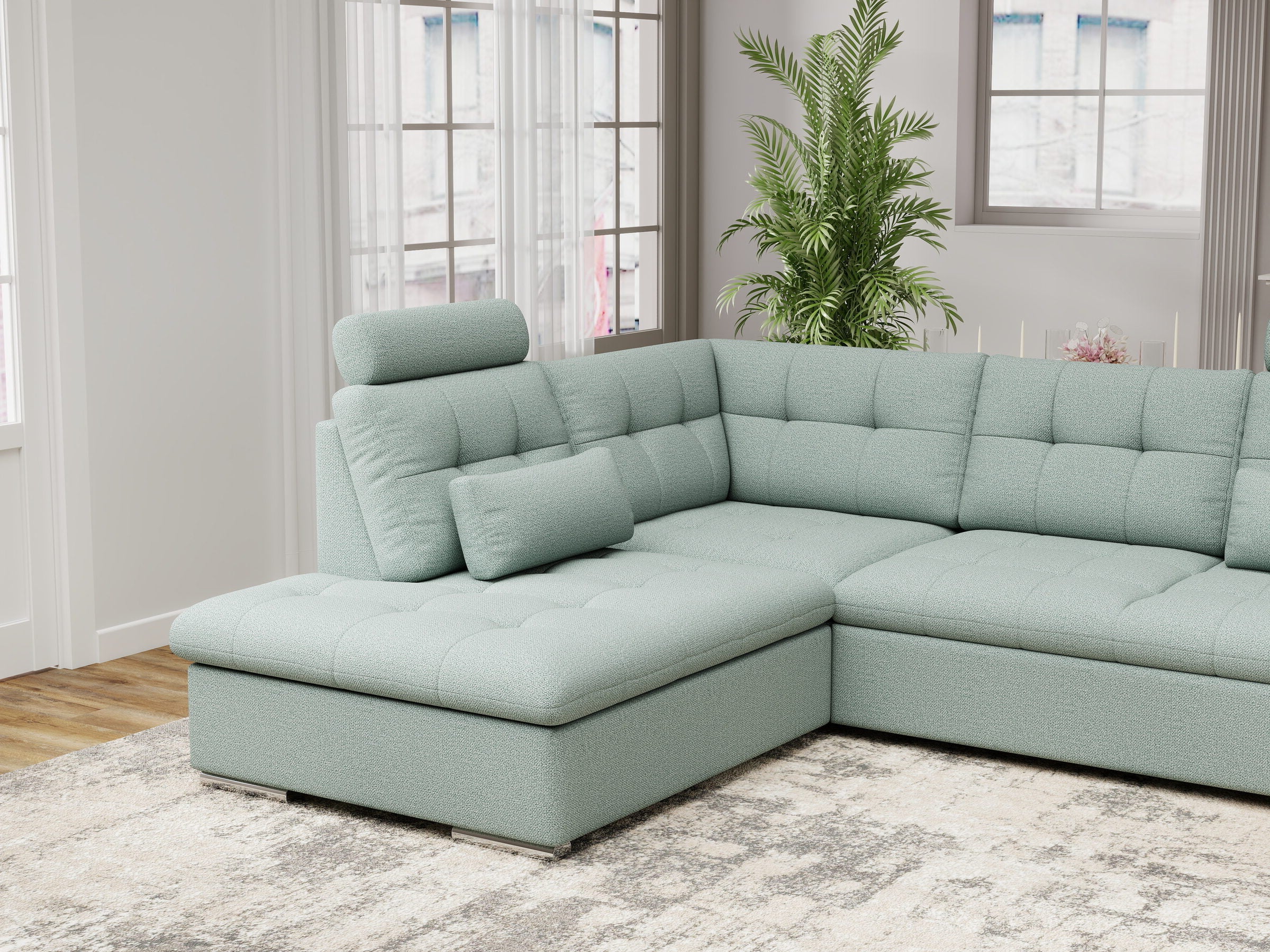 Colțar extensibil dumonde cu ladă de depozitare și șezut confortabil din spumă HR, Merkur XL Enjoy Verde Mint 256x217 cm