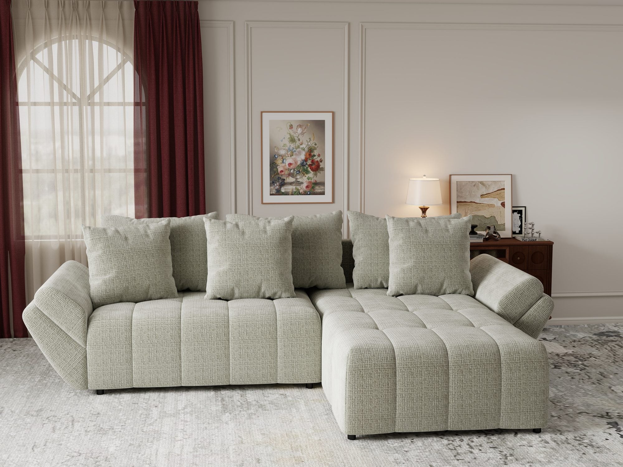 Colțar extensibil dumonde cu ladă de depozitare si sezut confortabil din spuma high-density, Berlin Cremona Bej 04 II 280x185 cm