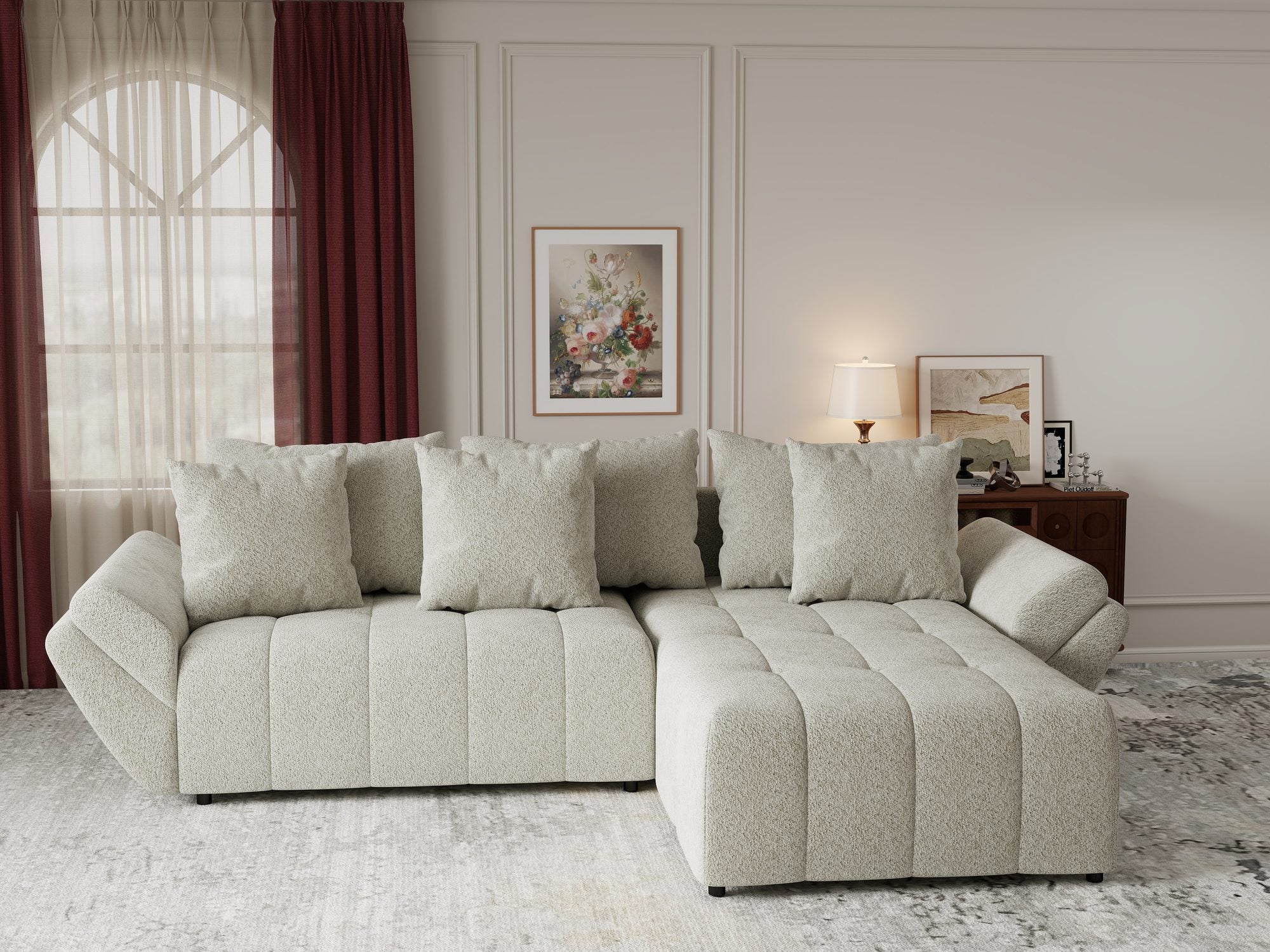 Colțar extensibil dumonde cu ladă de depozitare si sezut confortabil din spuma high-density, Berlin Arena Bej 20 II 280x185 cm