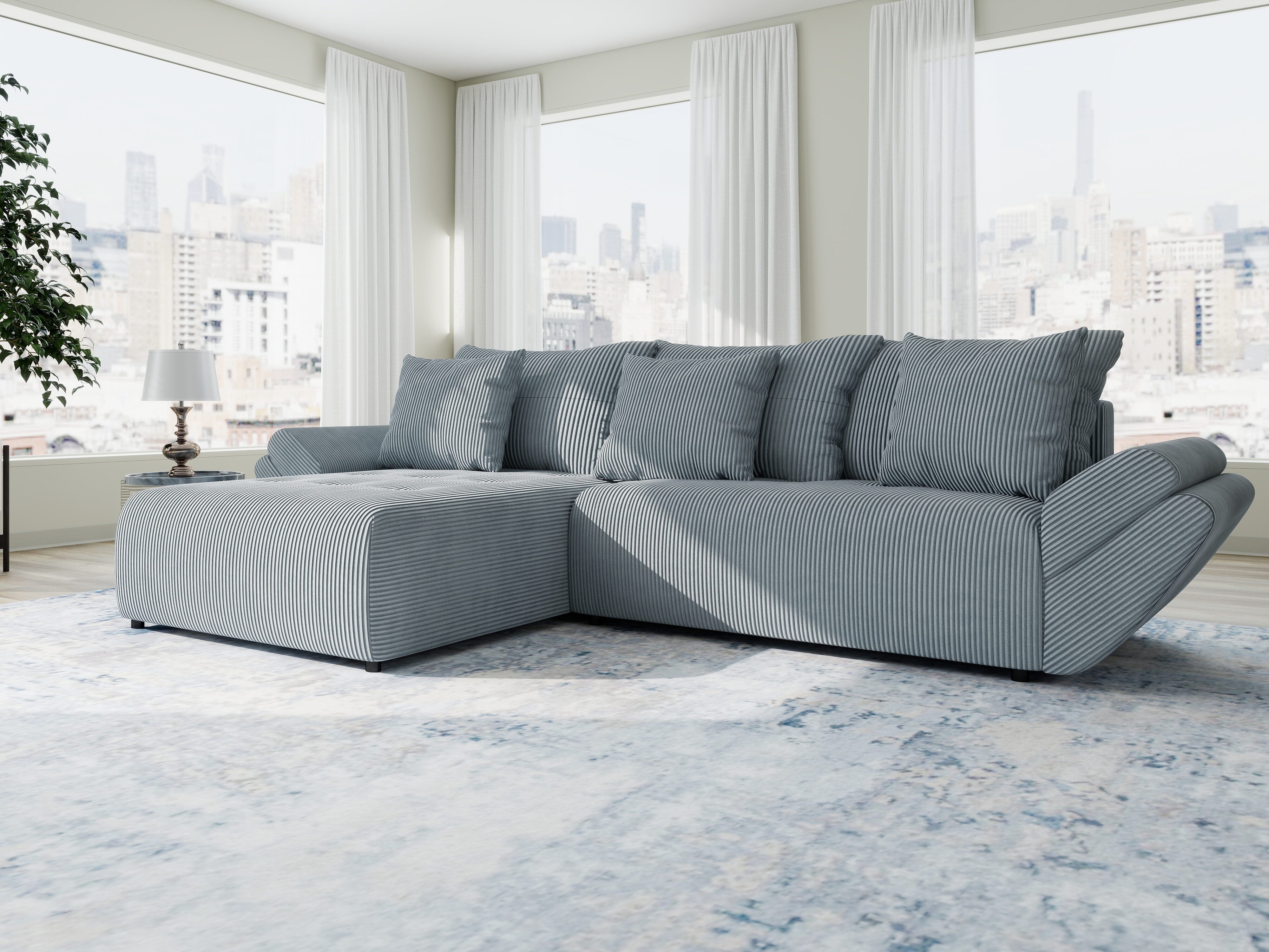 Colțar extensibil dumonde cu ladă de depozitare si sezut confortabil din spuma HR, Berlin Zoom Gri Mint 280x185 cm