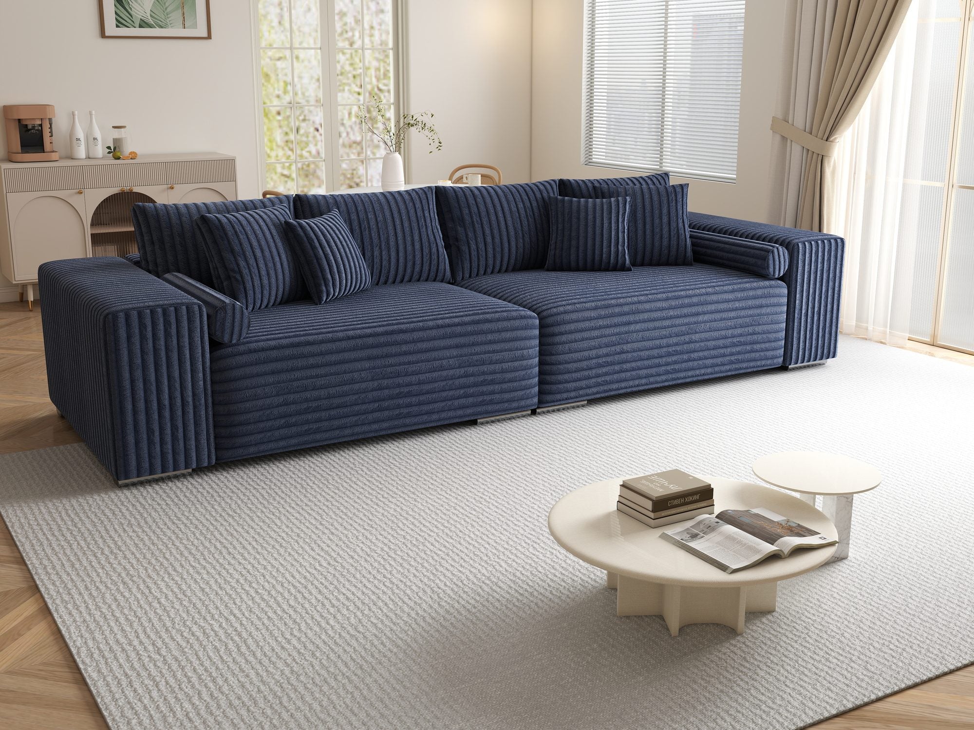 Canapea extensibilă dumonde cu ladă de depozitare si sezut confortabil din spuma high-density, Marbela XXL Tilia Albastru 77 290x100 cm