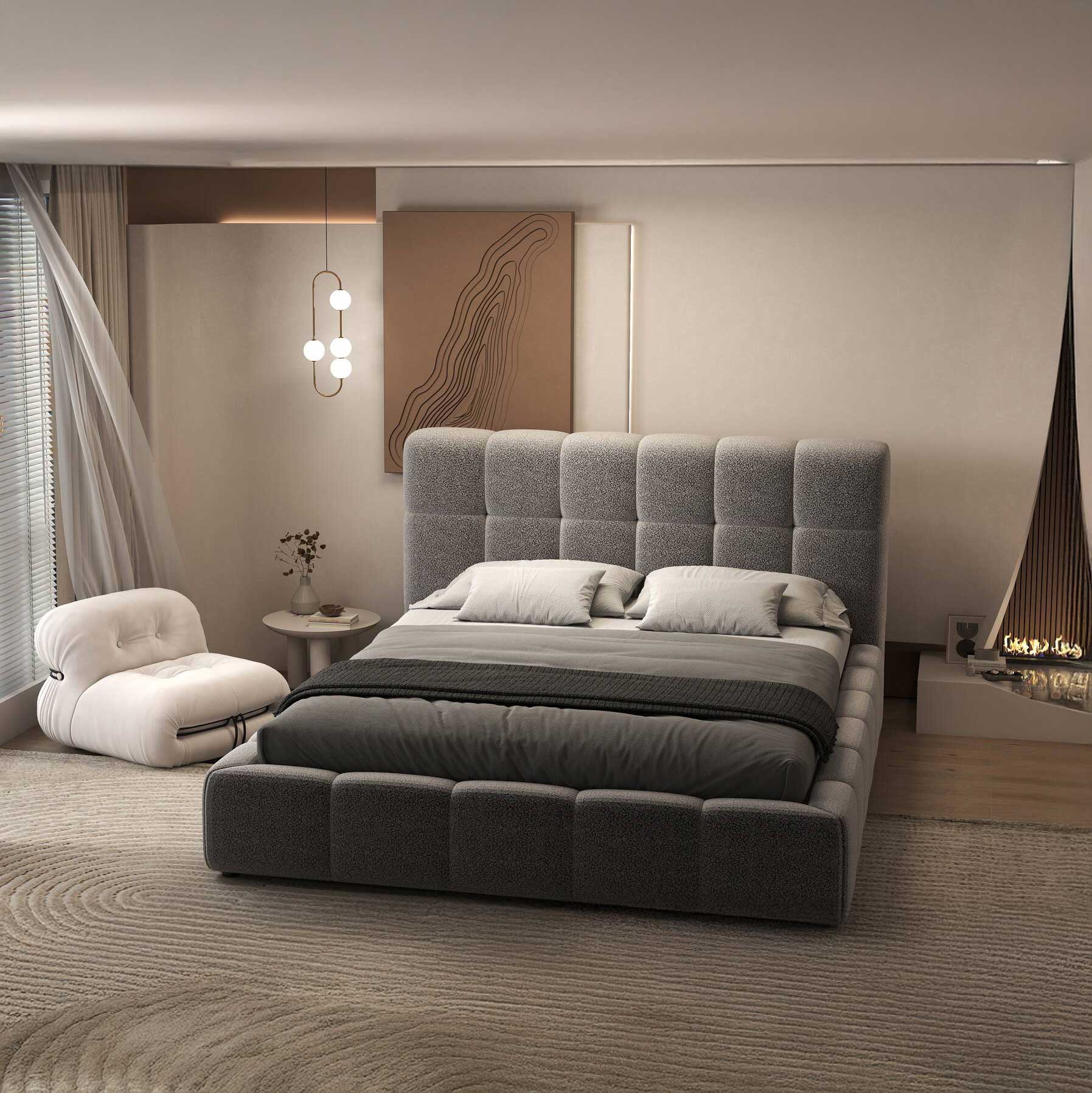 Pat dormitor dumonde, tapitat gri, Lorenzo 180X200 cm, somiera rabatabila inclusa, spatiu depozitare