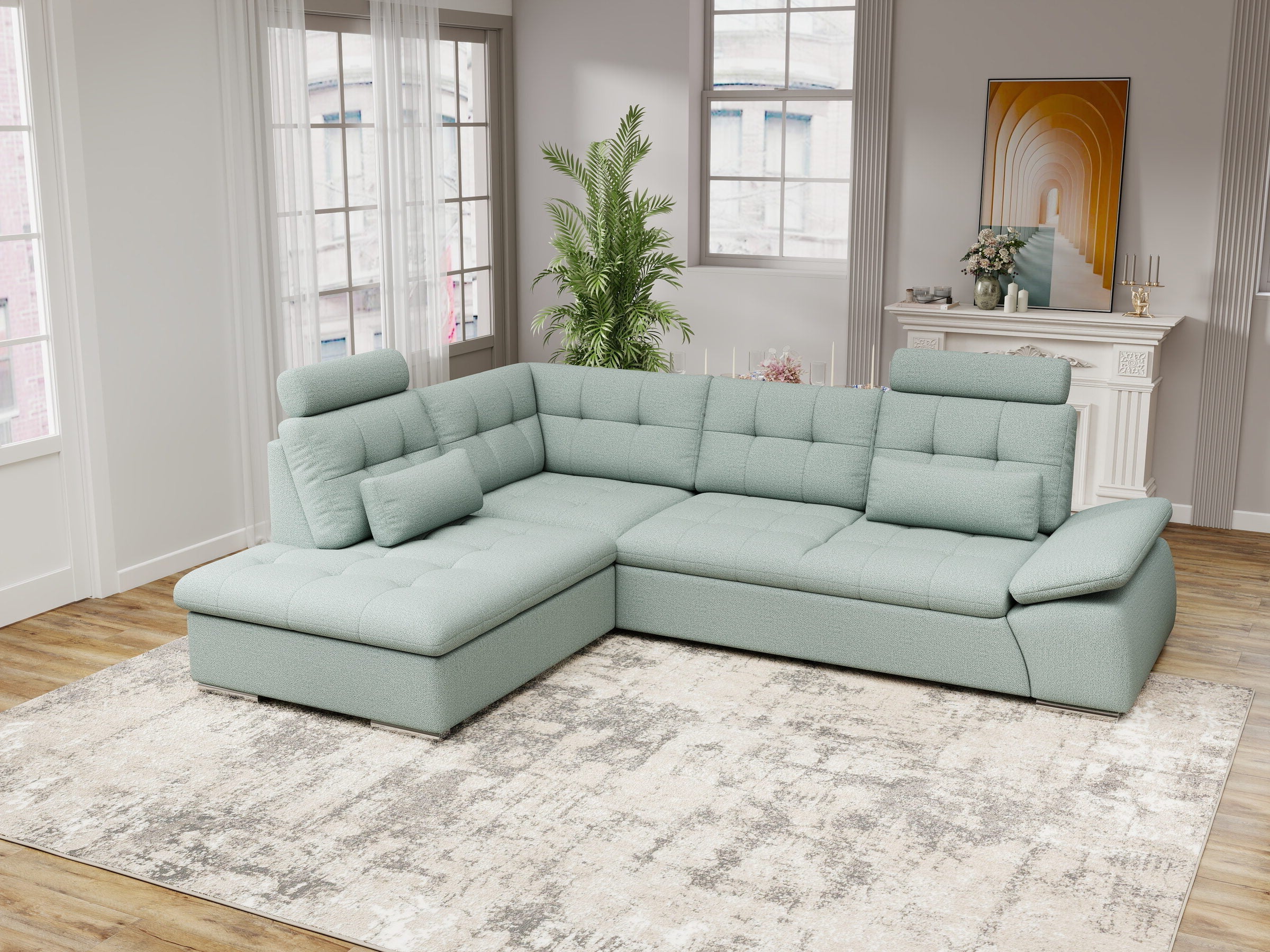 Colțar extensibil dumonde cu ladă de depozitare și șezut confortabil din spumă HR, Merkur XL Enjoy Verde Mint 256x217 cm