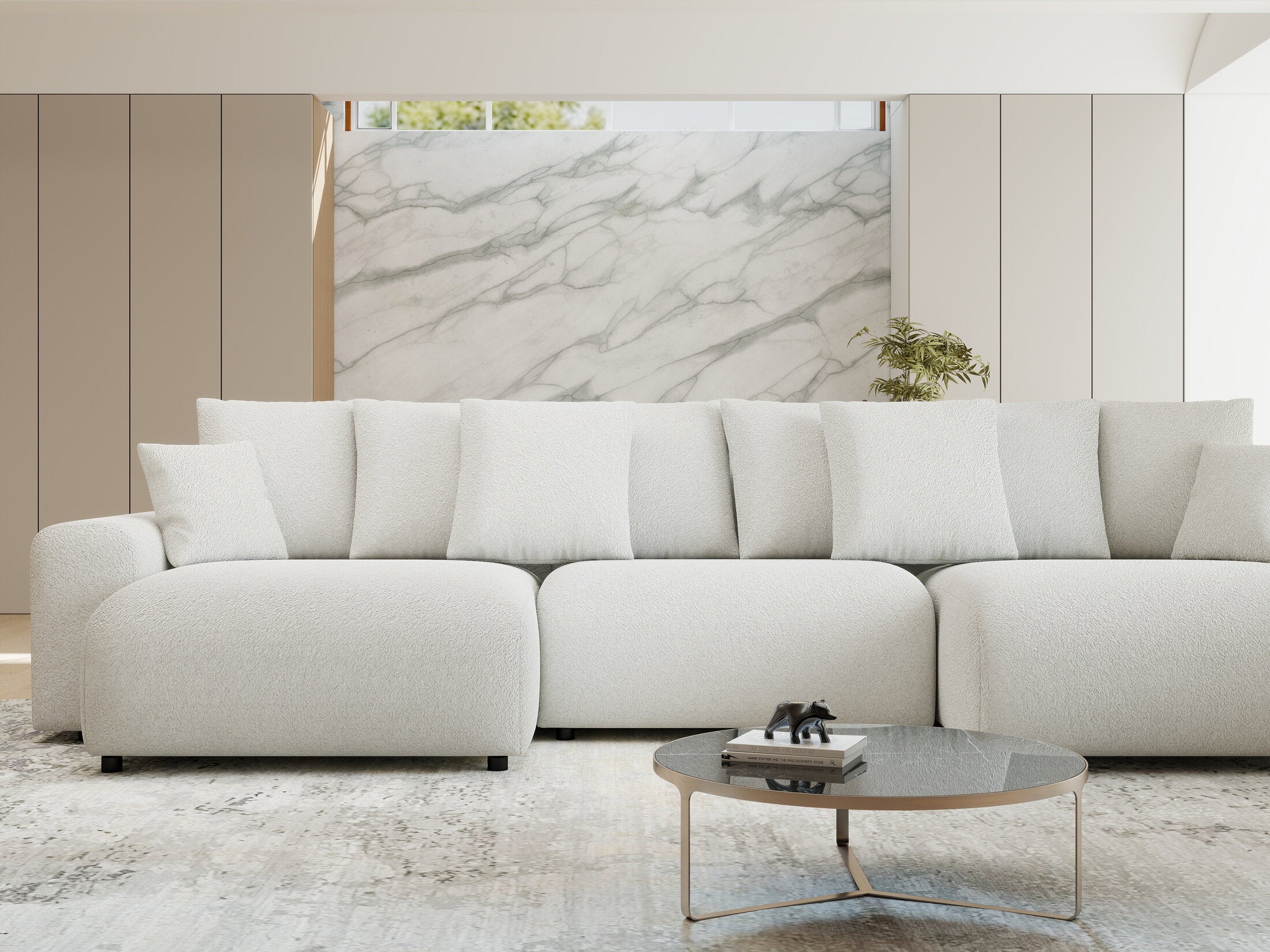 Colțar extensibil dumonde cu ladă de depozitare si sezut confortabil din spuma HR, Luma U Euphoria Alb 336x140 cm